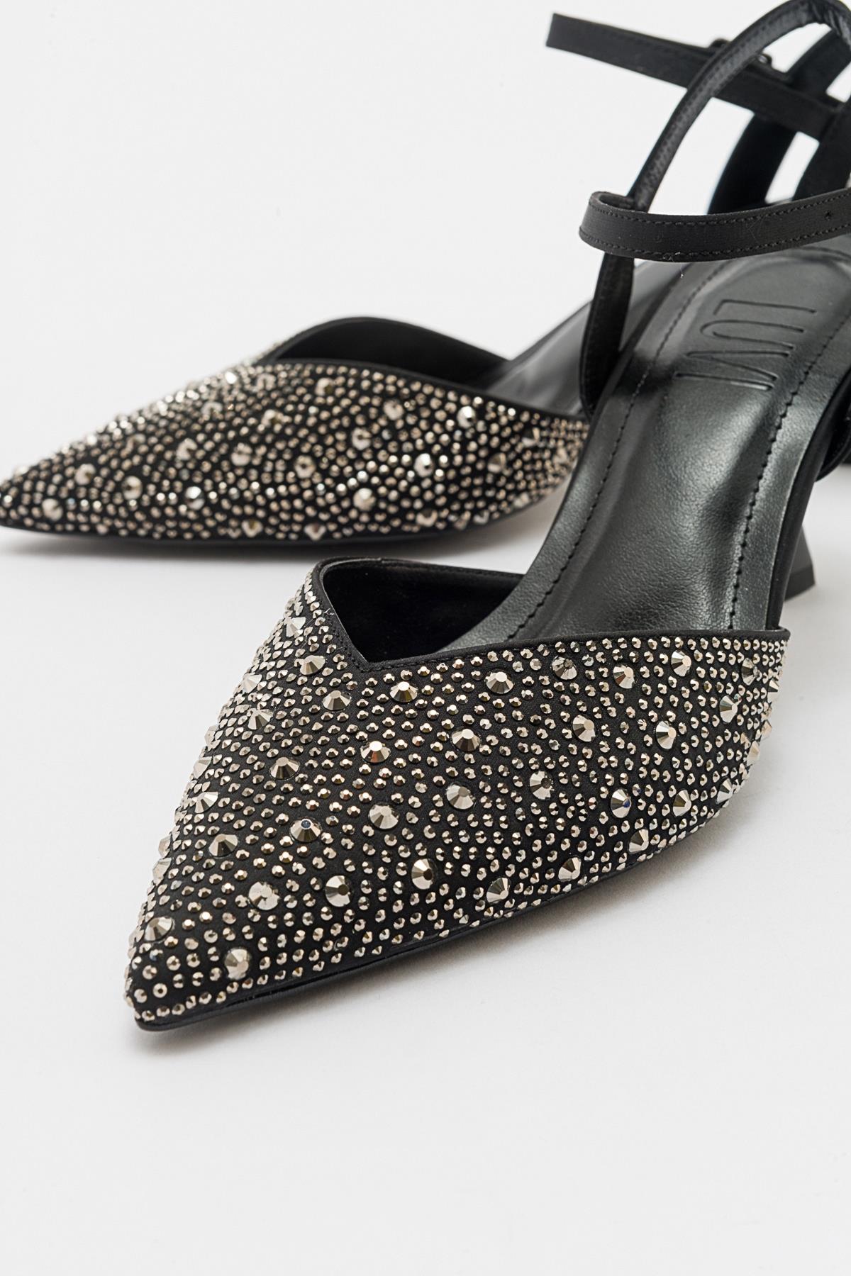 Vilka - Black Sparkling Slingback Kitten Heels – heel view showing leather, black, red, SimmiUnique