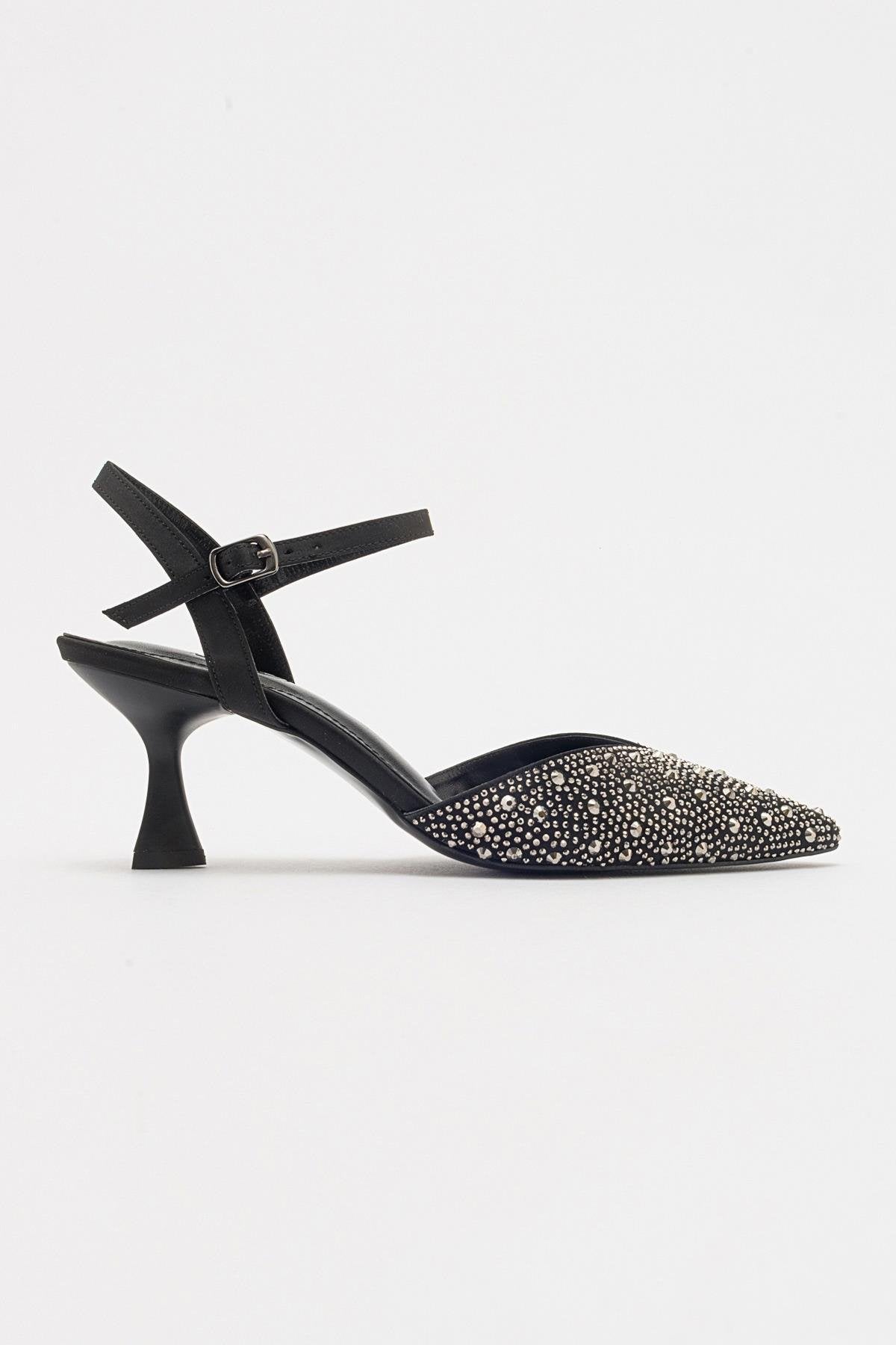 Vilka - Black Sparkling Slingback Kitten Heels – top view showing leather, black, red, SimmiUnique