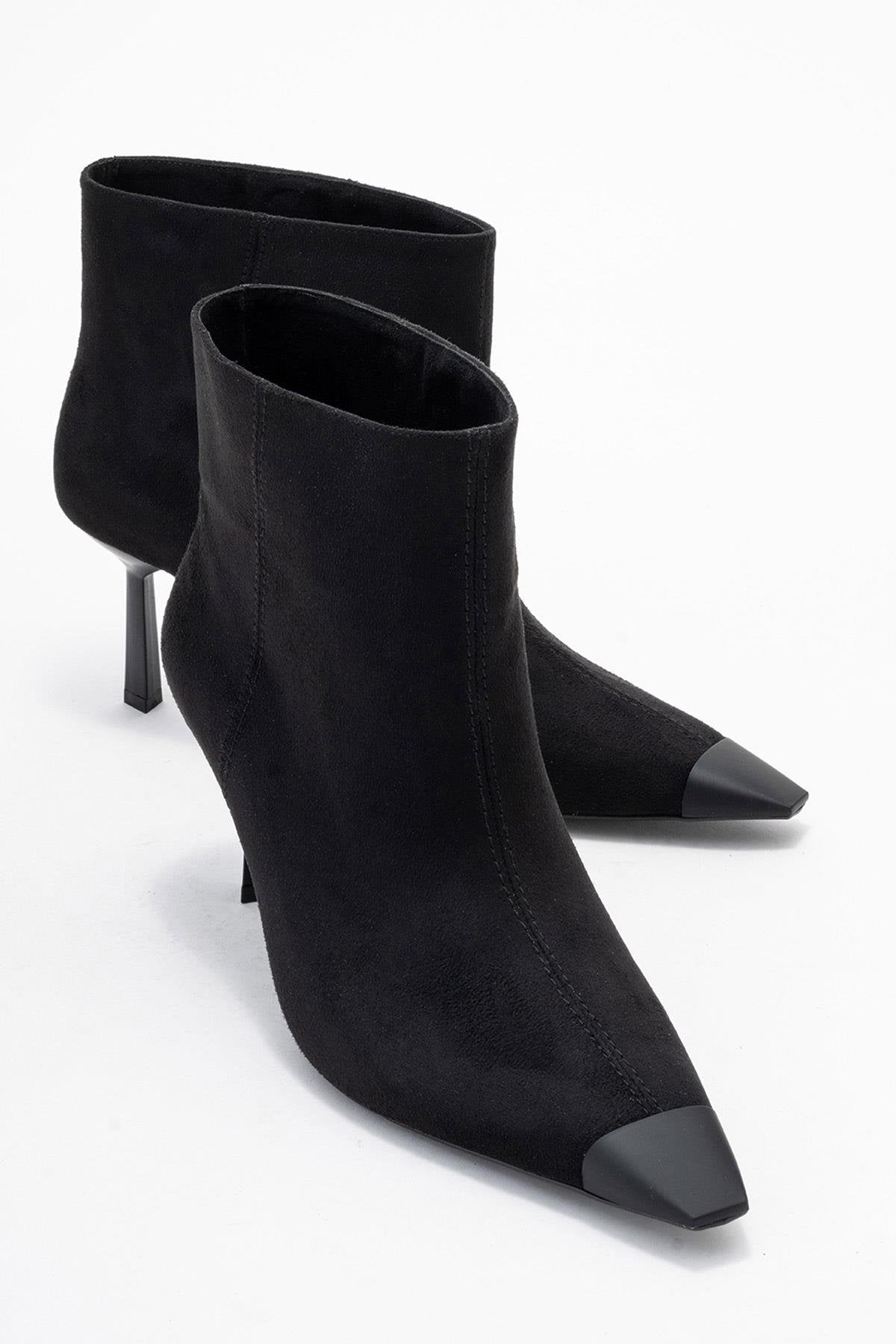 Rassel - Black Stiletto Heel Ankle Boot – front three-quarter view showing suede, black, SimmiUnique