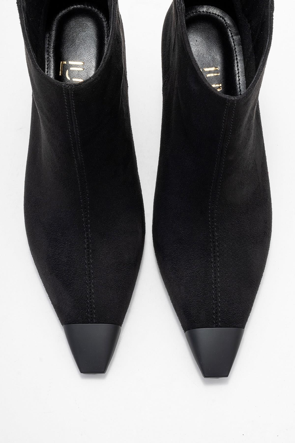 Rassel - Black Stiletto Heel Ankle Boot – side view showing suede, black, SimmiUnique