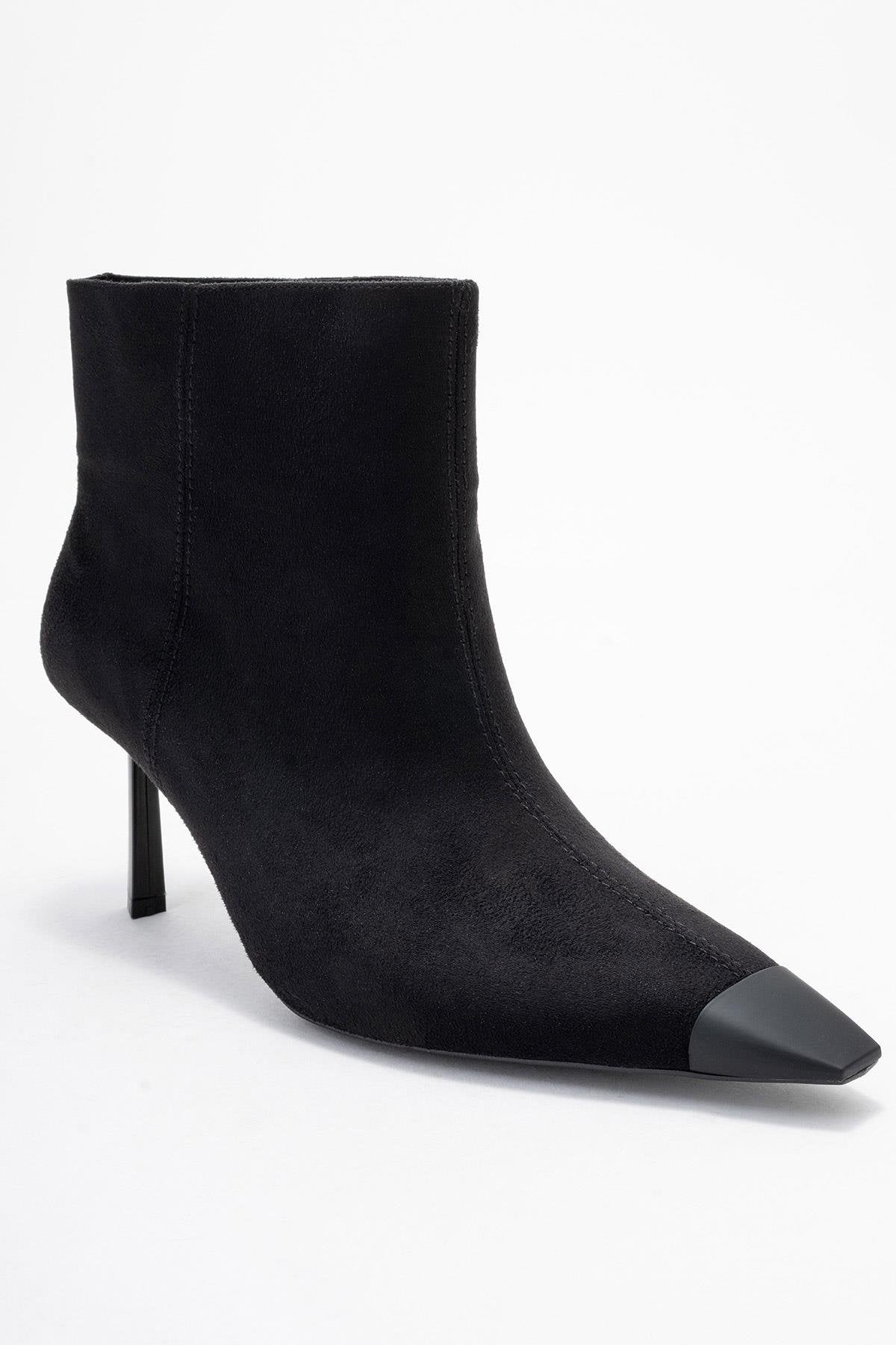 Rassel - Black Stiletto Heel Ankle Boot – detail view showing suede, black, SimmiUnique