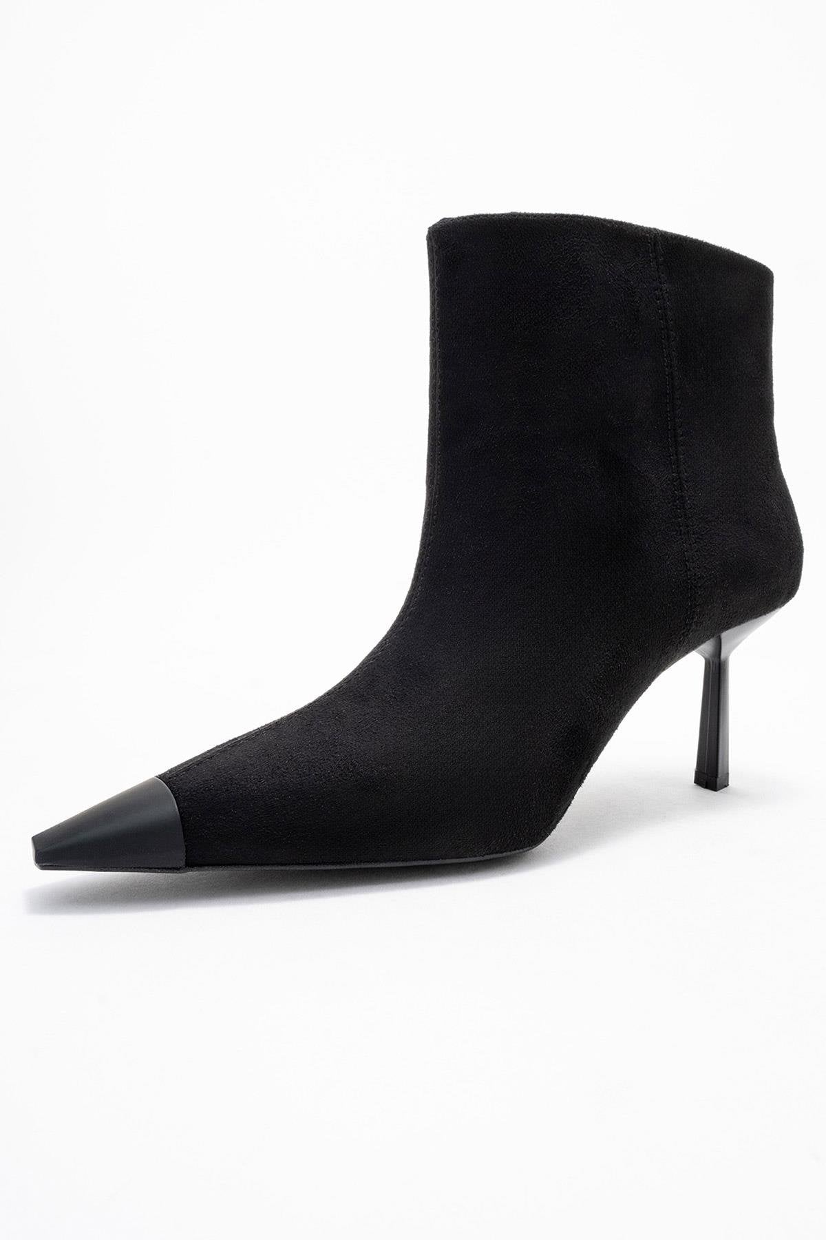 Rassel - Black Stiletto Heel Ankle Boot – heel view showing suede, black, SimmiUnique