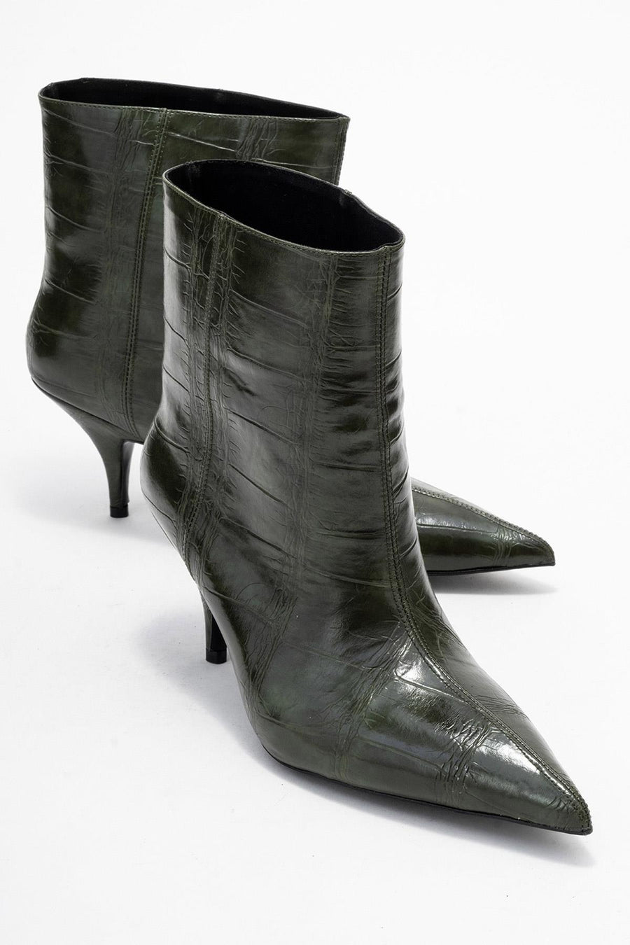 Brivelle - Green Printed Pointed Toe Kitten Heel Boot