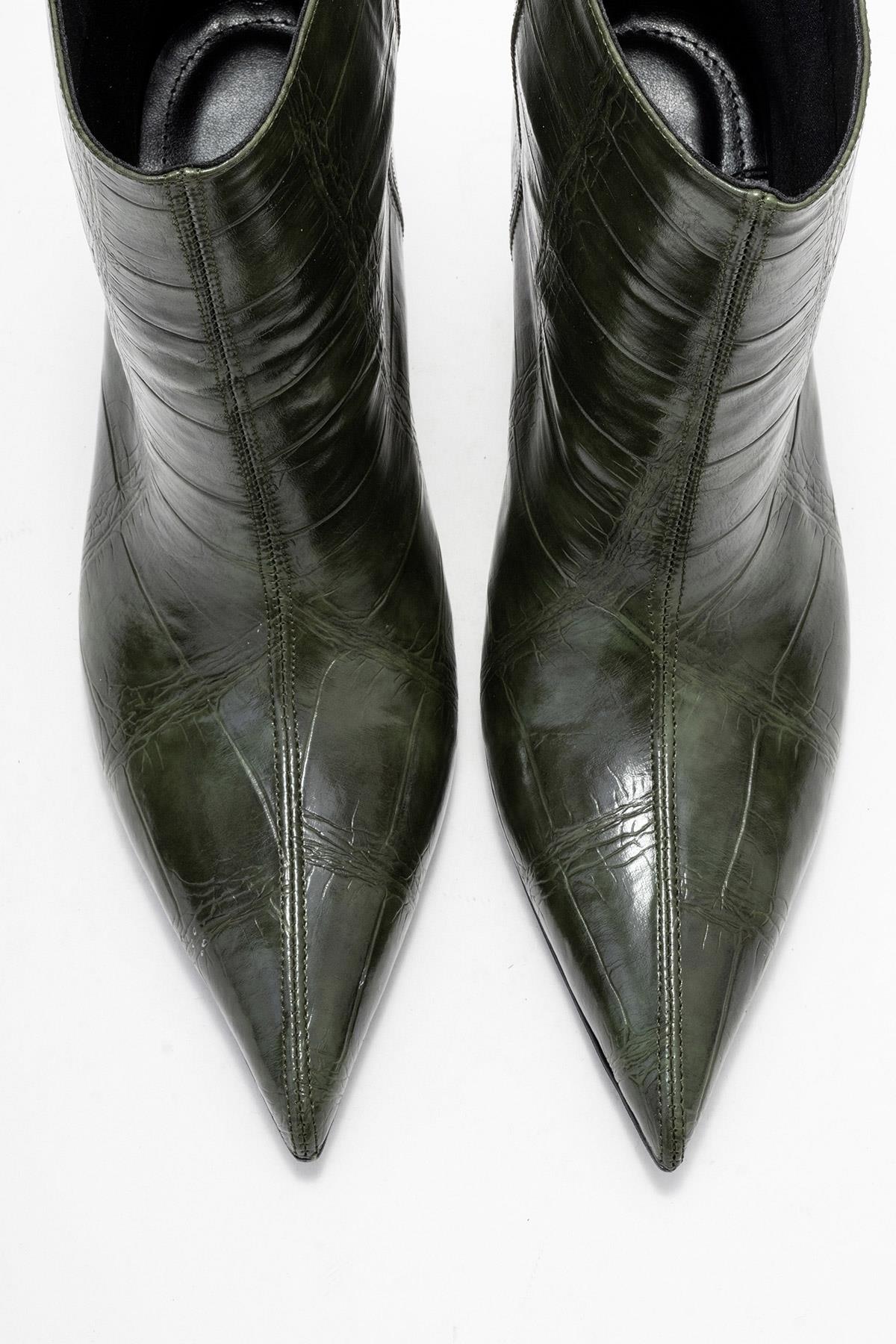 Brivelle - Green Printed Pointed Toe Kitten Heel Boot – side view showing leather, green, SimmiUnique