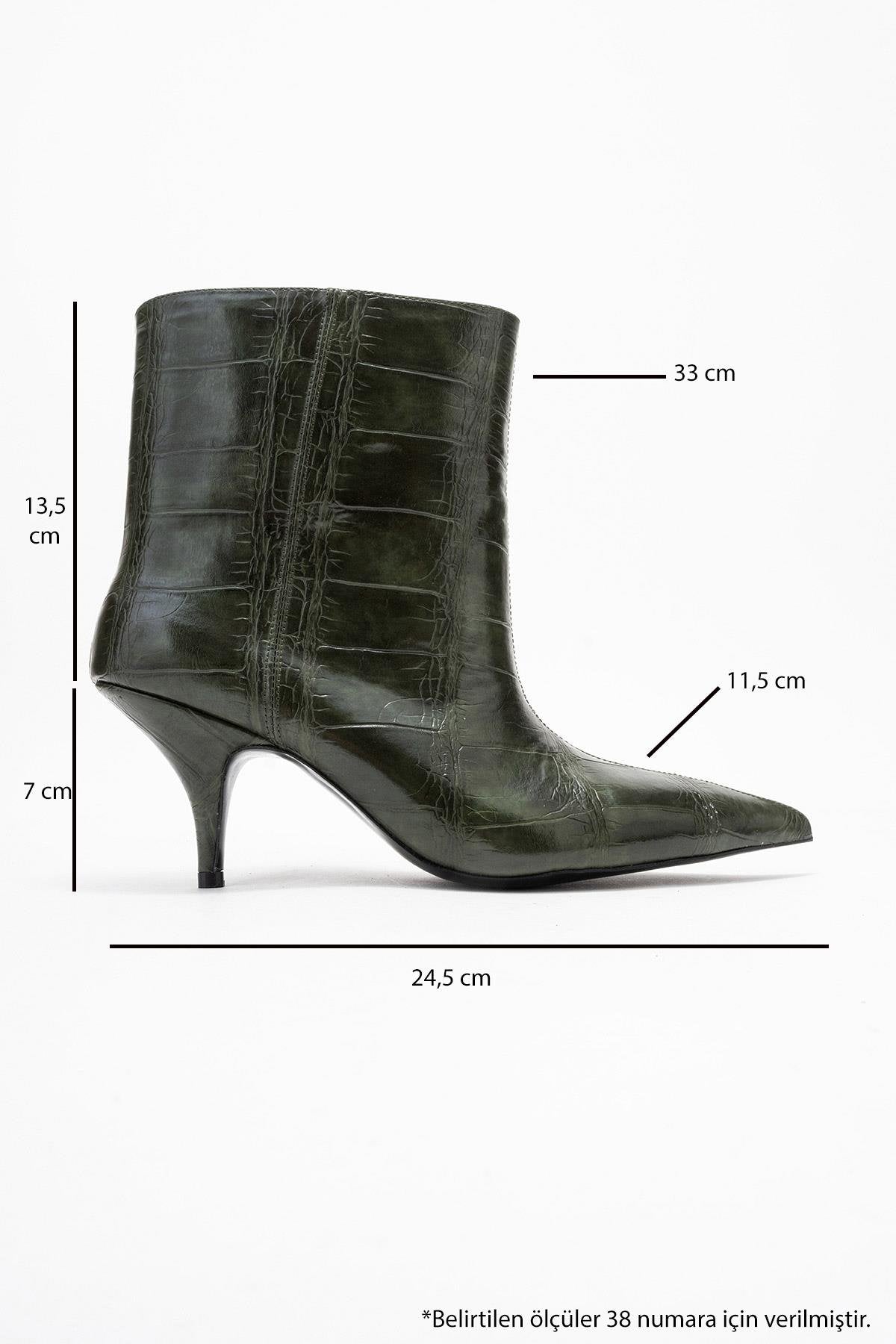 Brivelle - Green Printed Pointed Toe Kitten Heel Boot – top view showing leather, green, SimmiUnique
