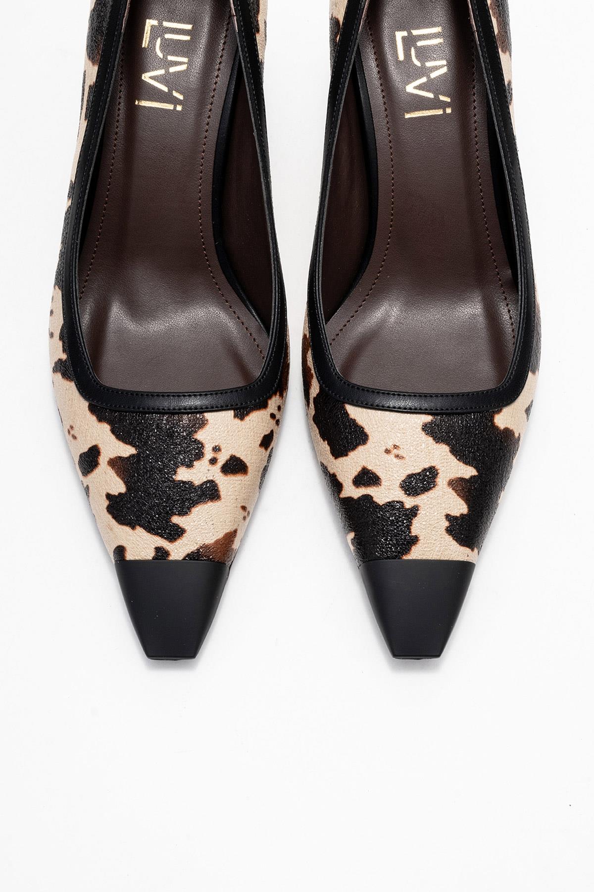 Rona - Black Beige Pattern Pointed Toe Pump – side view showing leather, black, SimmiUnique