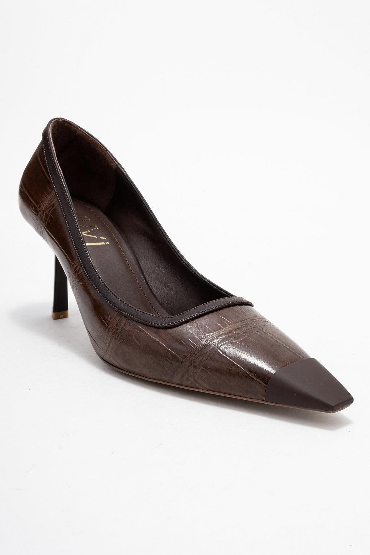 Rona - Tan Pointed Toe Pump – detail view showing leather, SimmiUnique