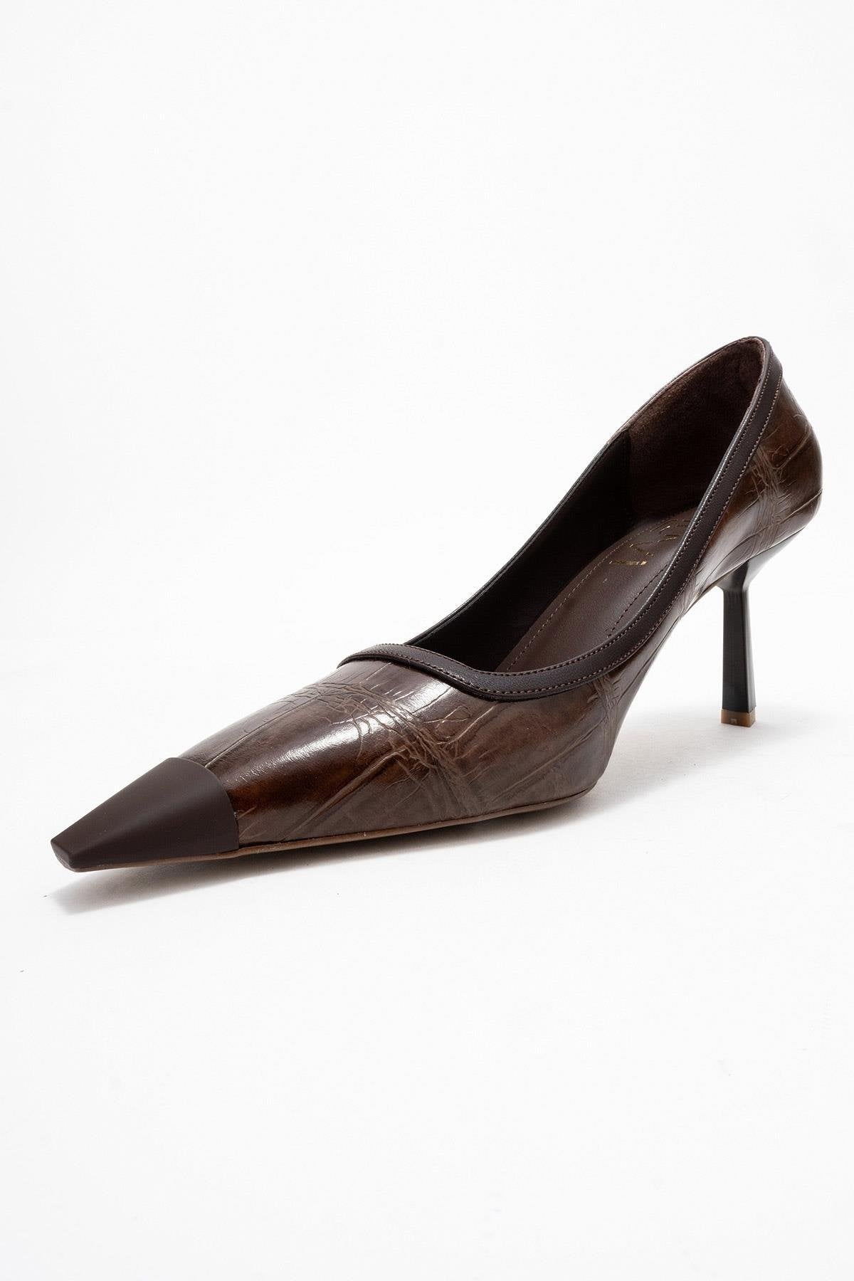 Rona - Tan Pointed Toe Pump – heel view showing leather, SimmiUnique