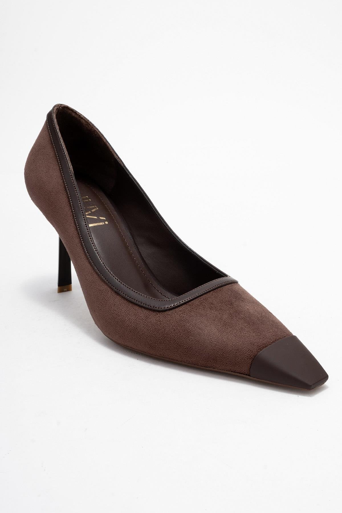 Rona - Brown Pointed Toe Pump – detail view showing leather, suede, SimmiUnique