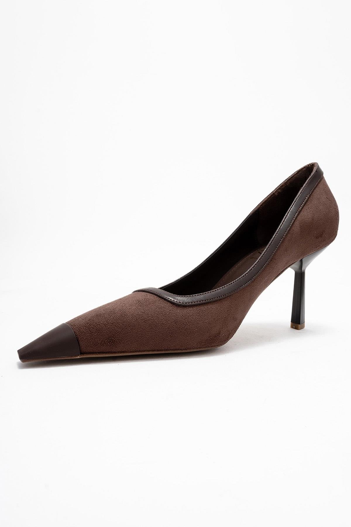Rona - Brown Pointed Toe Pump – heel view showing leather, suede, SimmiUnique