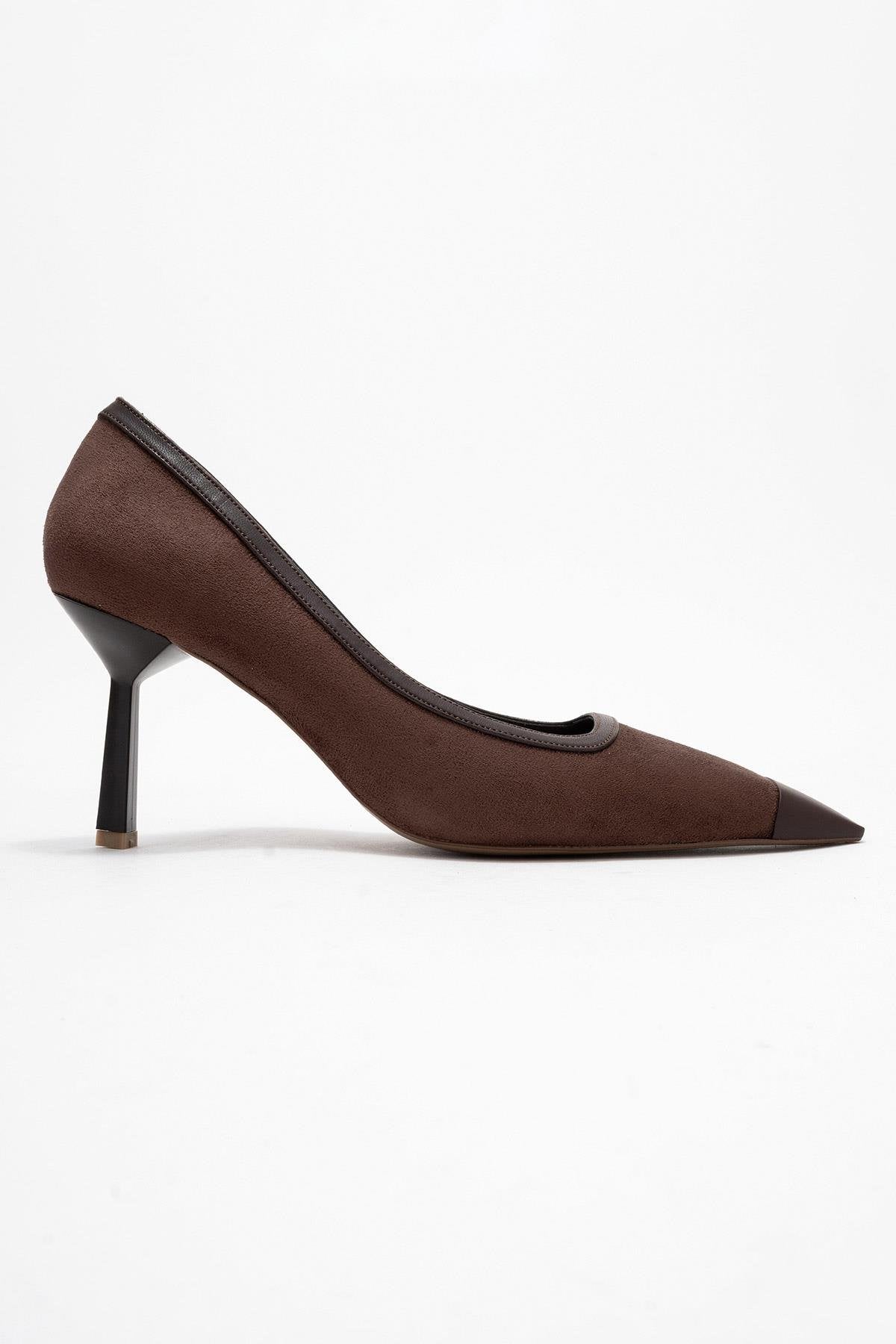 Rona - Brown Pointed Toe Pump – top view showing leather, suede, SimmiUnique