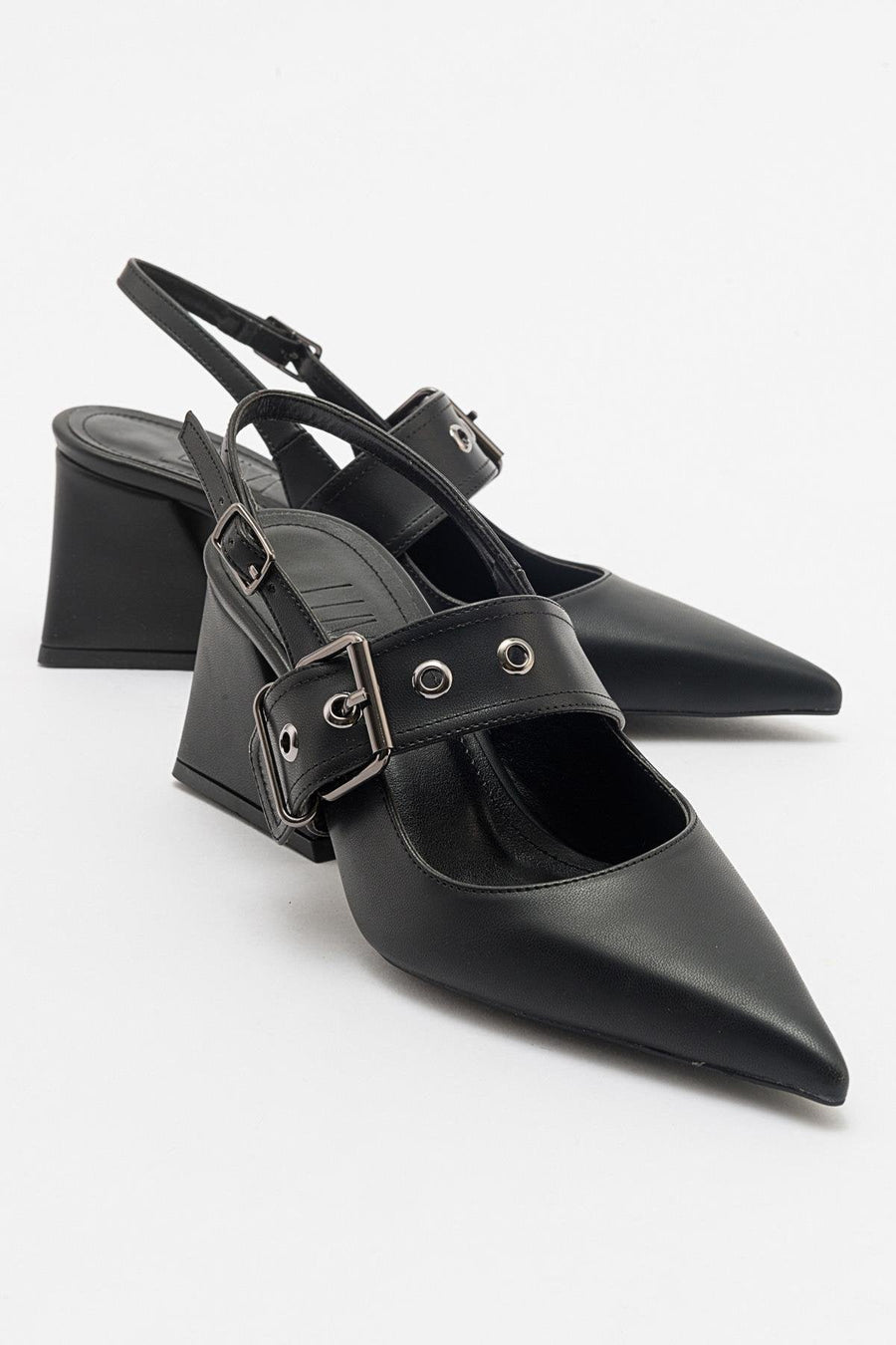 Nepido - Black Pointed Toe Open Back Chunky Heel Shoe