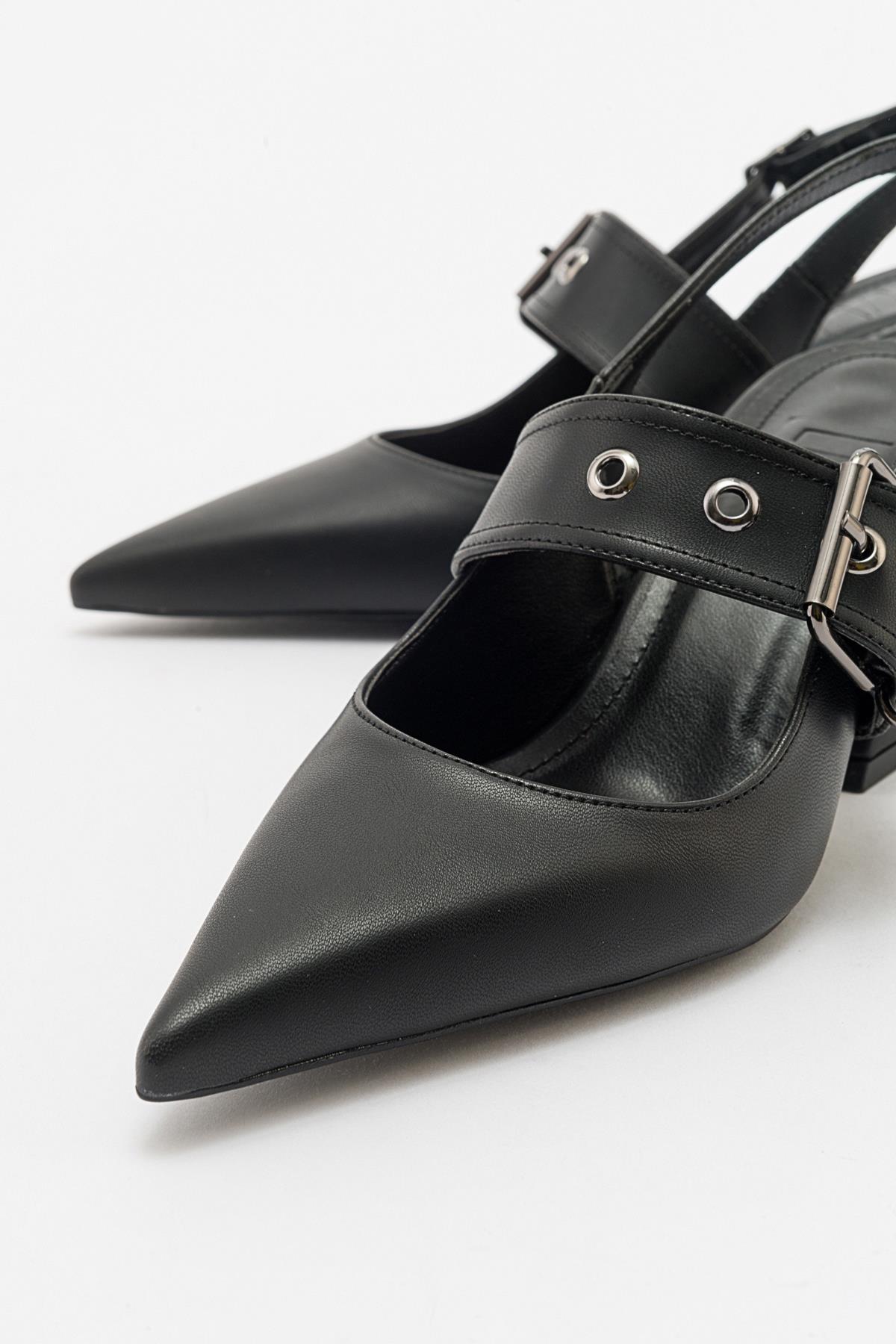 Nepido - Black Pointed Toe Open Back Chunky Heel Shoe – side view showing leather, black, SimmiUnique