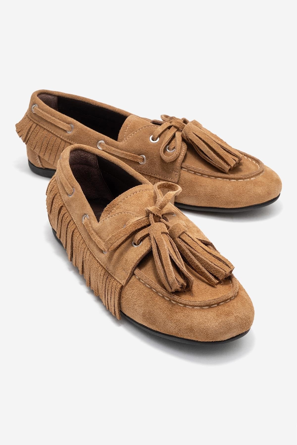 Fenora - Taupe Suede Genuine Leather Fringe Tassel Loafer – front three-quarter view showing leather, suede, SimmiUnique