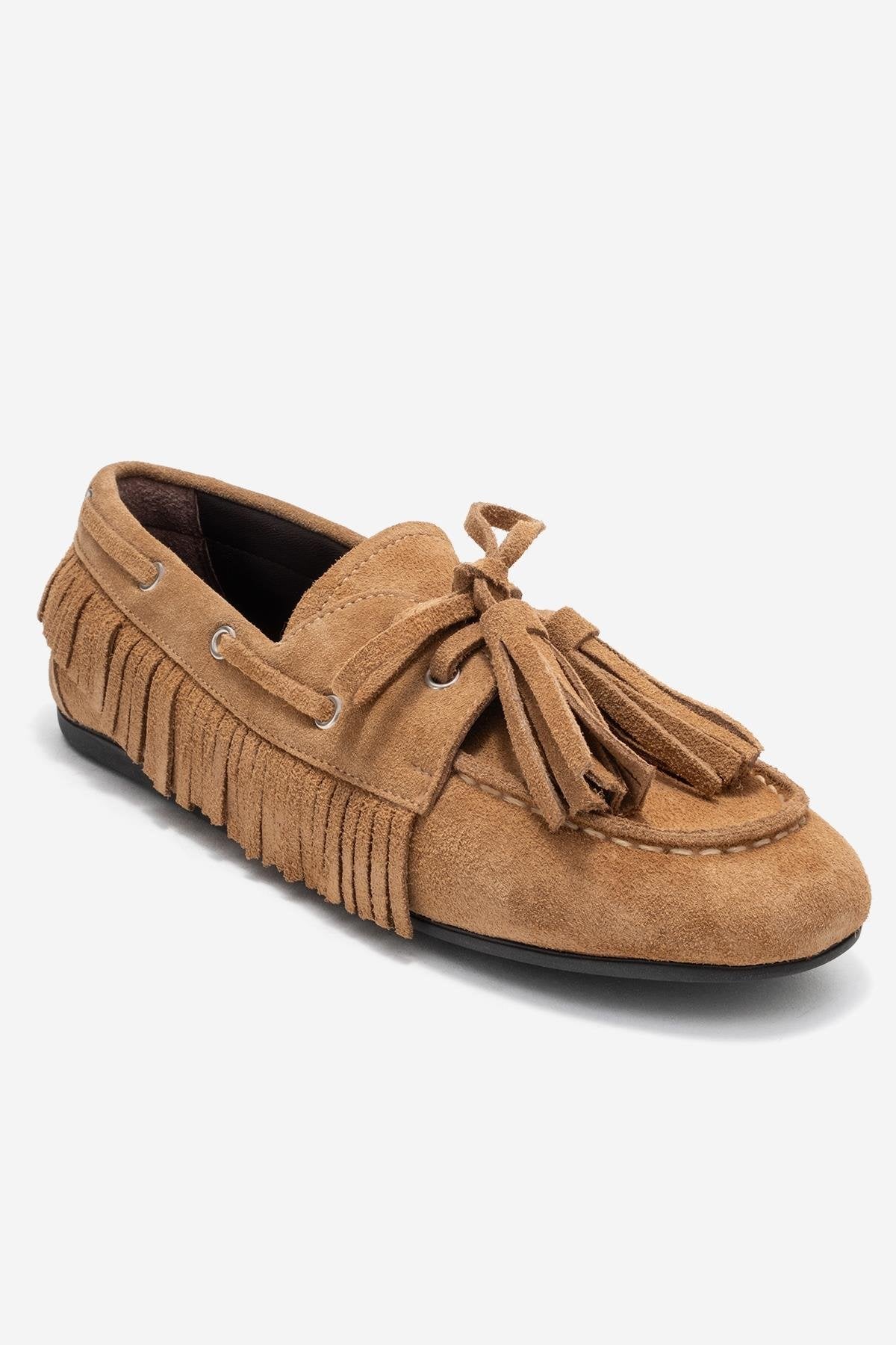 Fenora - Taupe Suede Genuine Leather Fringe Tassel Loafer – detail view showing leather, suede, SimmiUnique