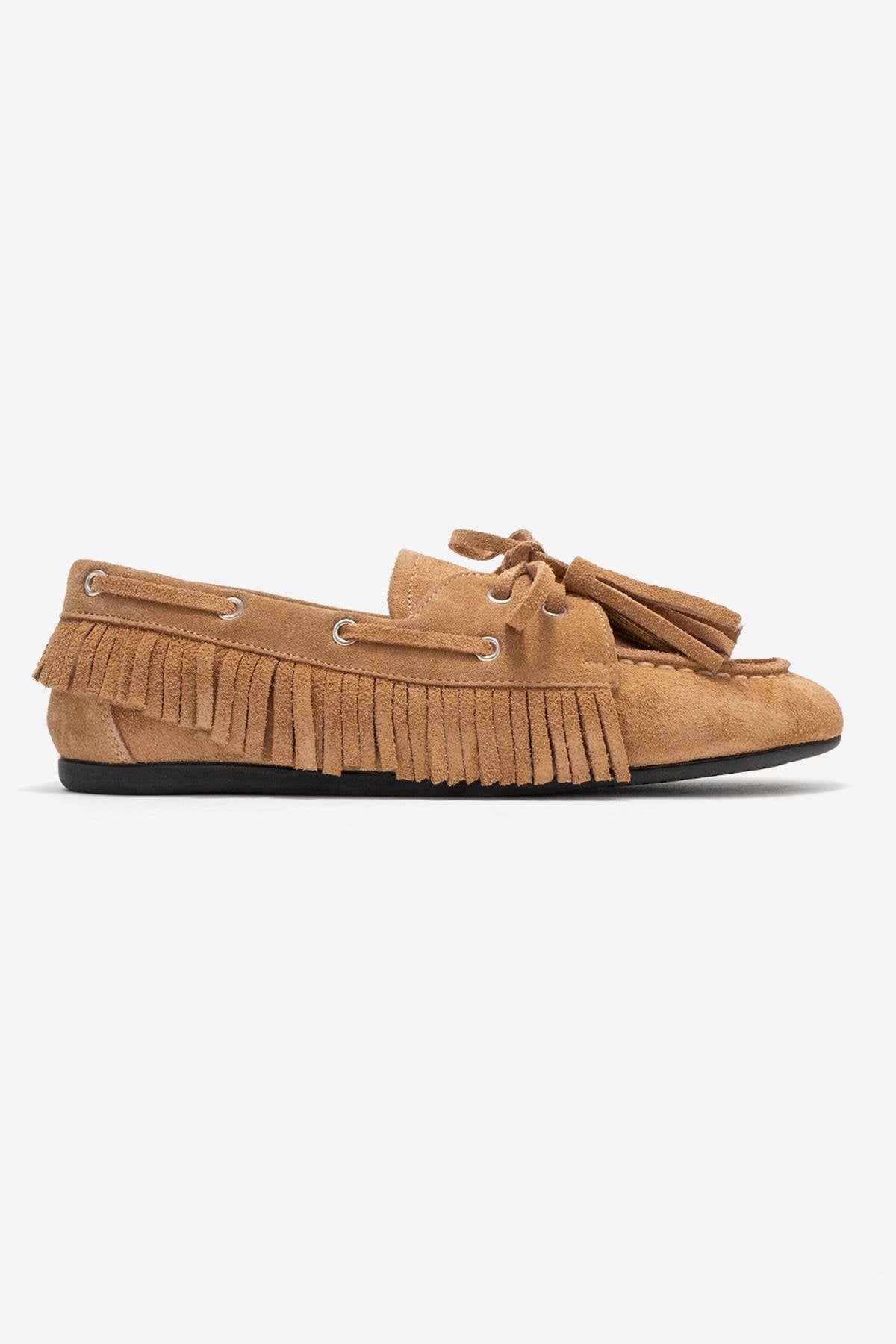 Fenora - Taupe Suede Genuine Leather Fringe Tassel Loafer – top view showing leather, suede, SimmiUnique