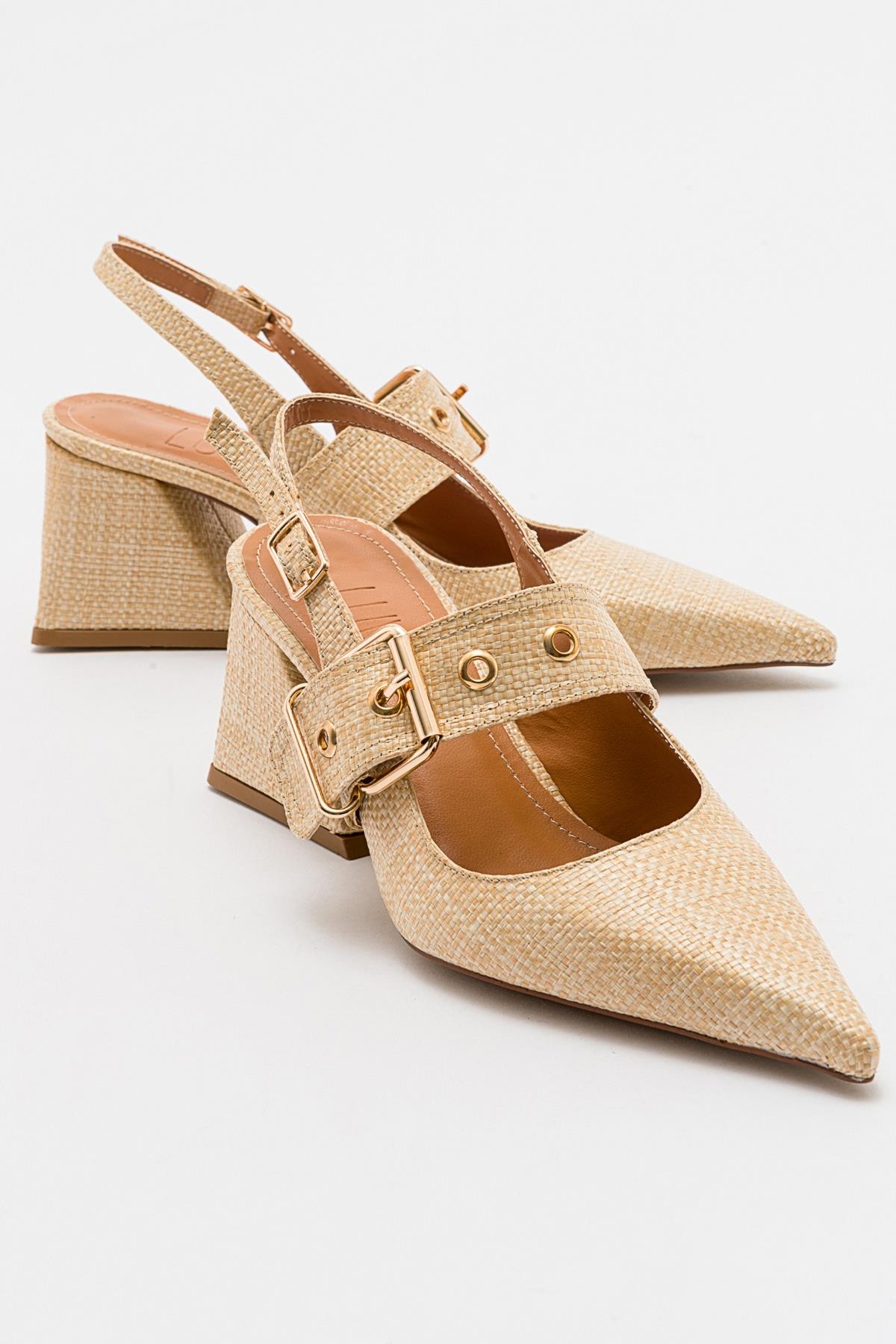 Nepido - Beige Woven Pointed Toe Open Back Chunky Heel Shoe – front three-quarter view showing leather, SimmiUnique