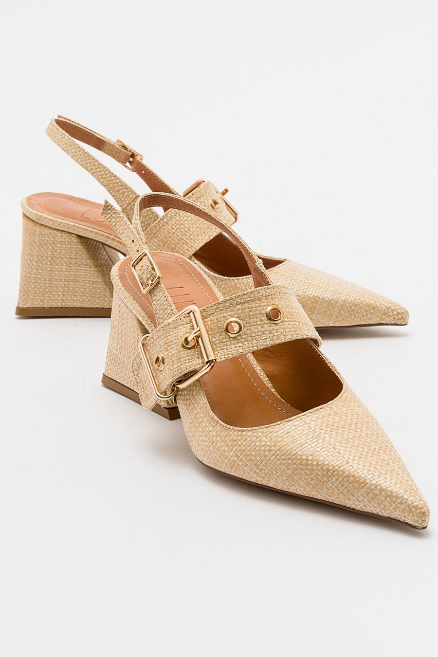 Nepido - Beige Woven Pointed Toe Open Back Chunky Heel Shoe