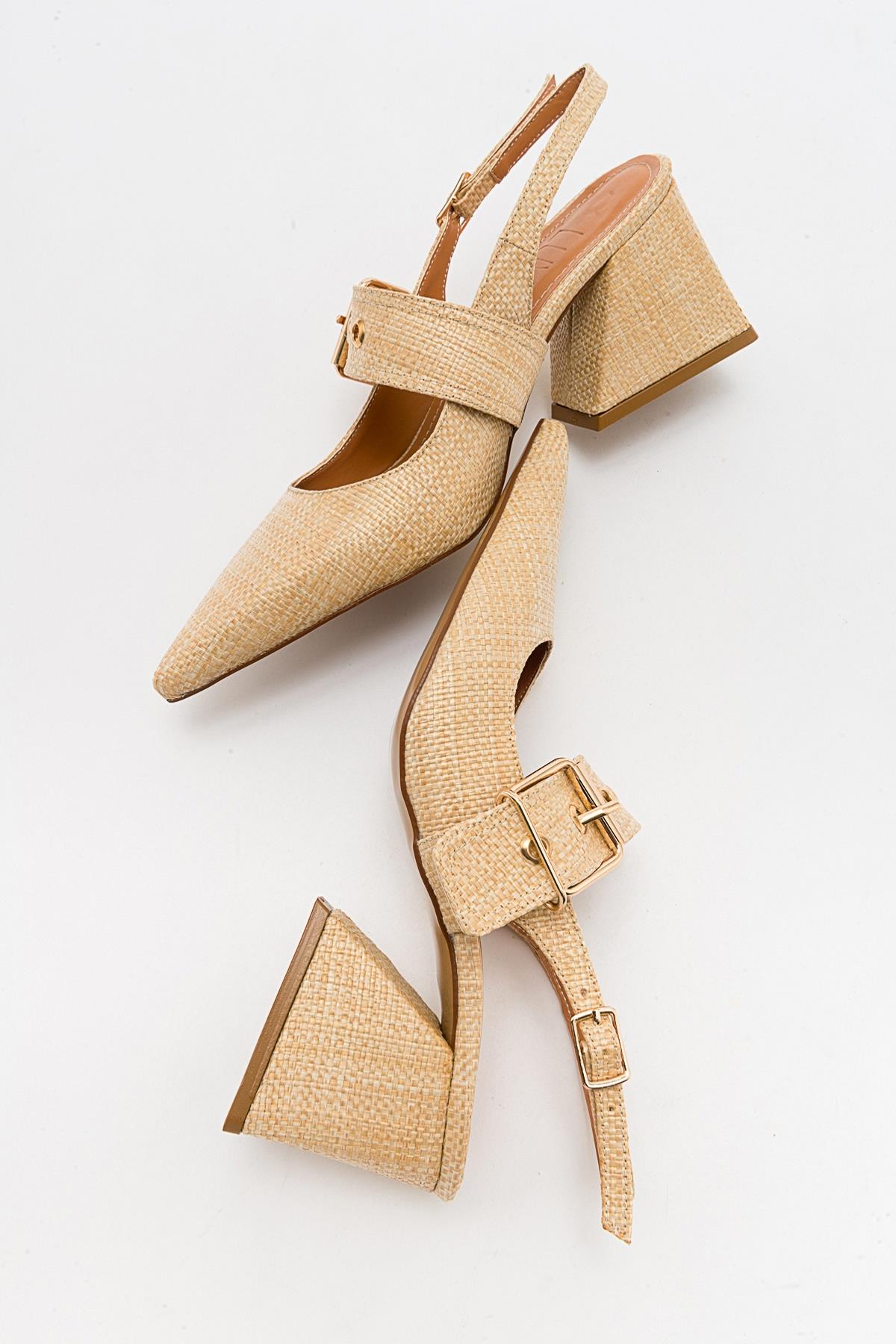 Nepido - Beige Woven Pointed Toe Open Back Chunky Heel Shoe – side view showing leather, SimmiUnique