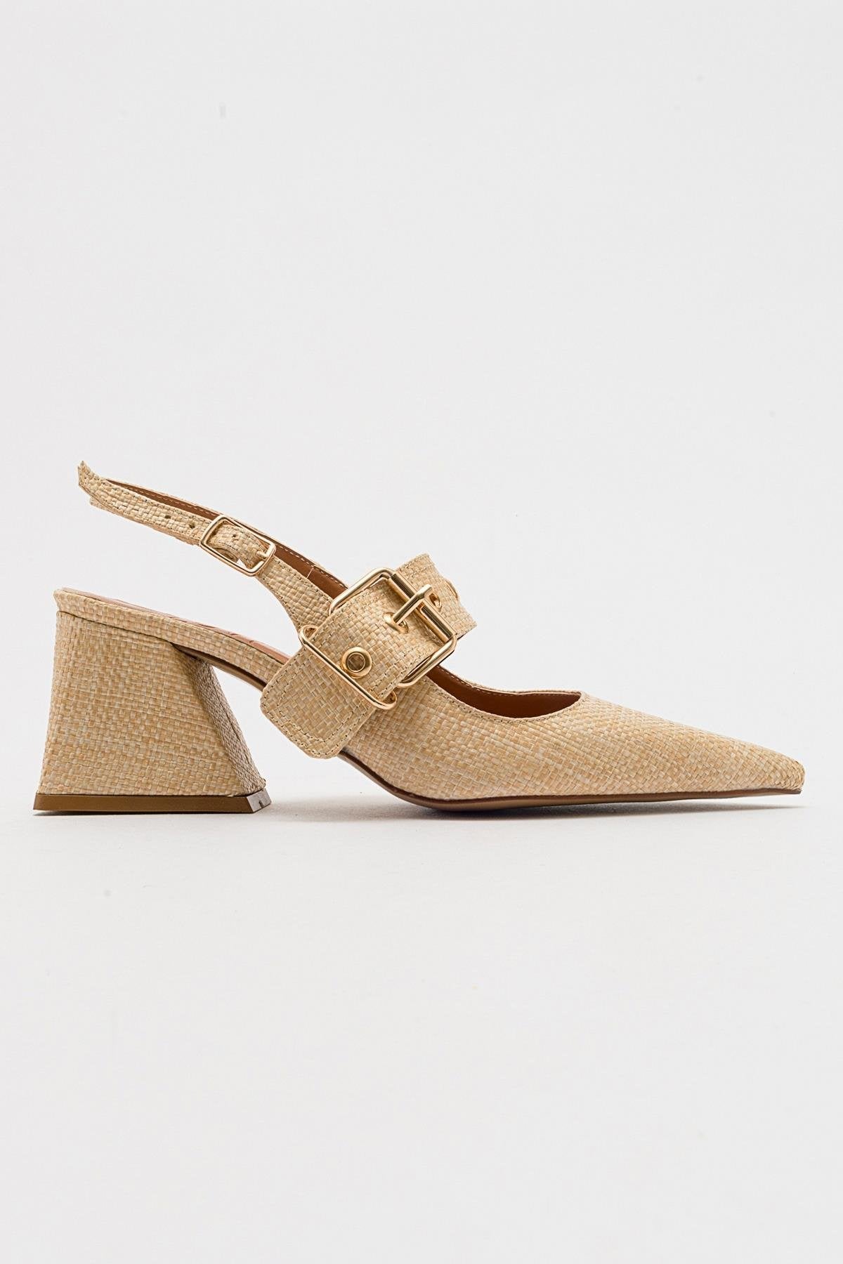 Nepido - Beige Woven Pointed Toe Open Back Chunky Heel Shoe – top view showing leather, SimmiUnique