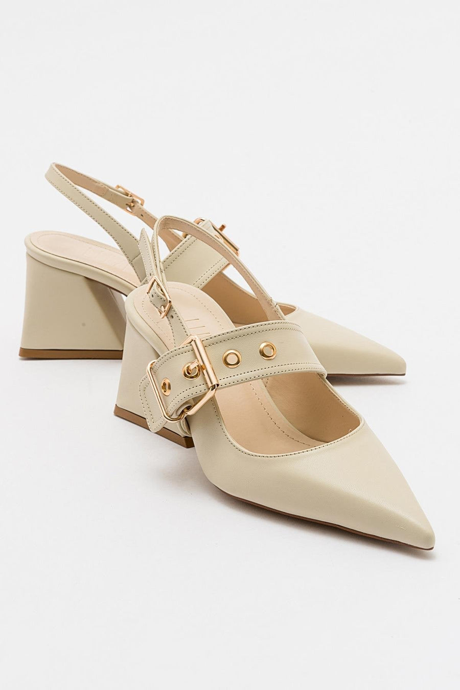 Nepido - Off-White Pointed Toe Backless Block Heel Shoe