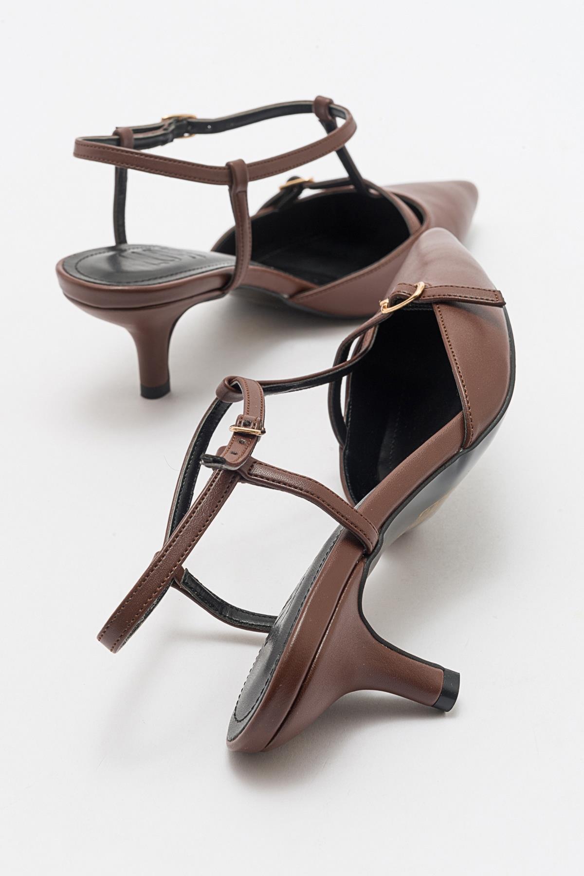 Frans - Cognac Pointed Toe Backless Low Heel Shoe – heel view showing leather, SimmiUnique