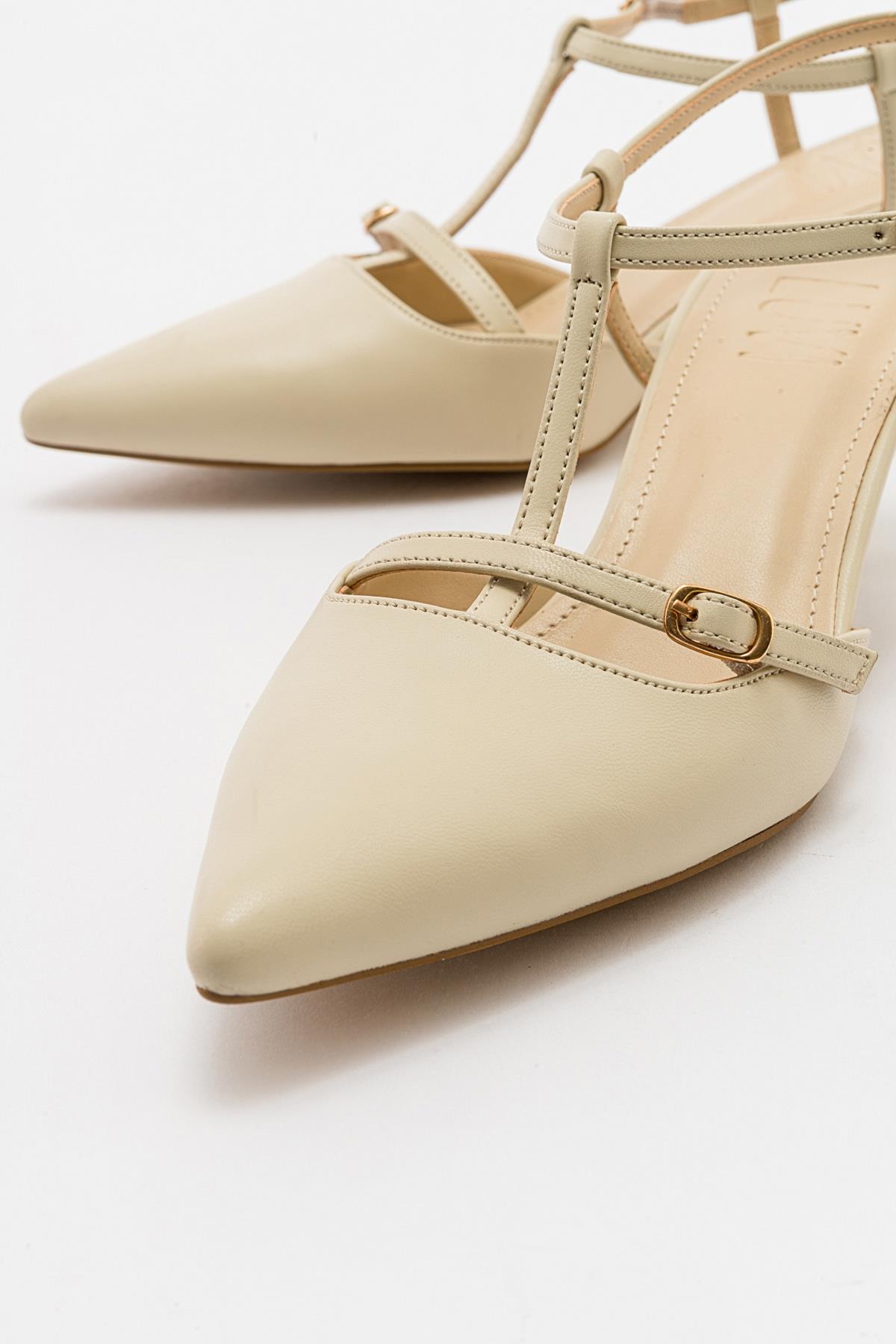 Frans - Off-White Pointed Toe Backless Low Heel Shoe – heel view showing leather, white, SimmiUnique