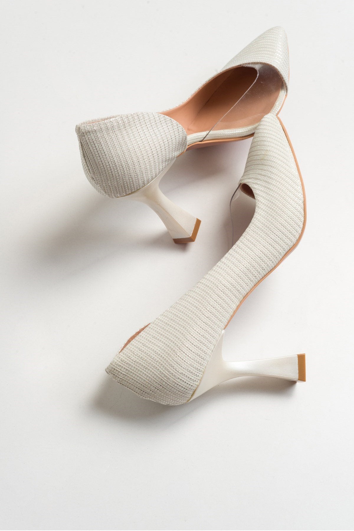 Ursula - Pearl Glitter Heeled Shoe – heel view showing pearl, leather, glitter, SimmiUnique
