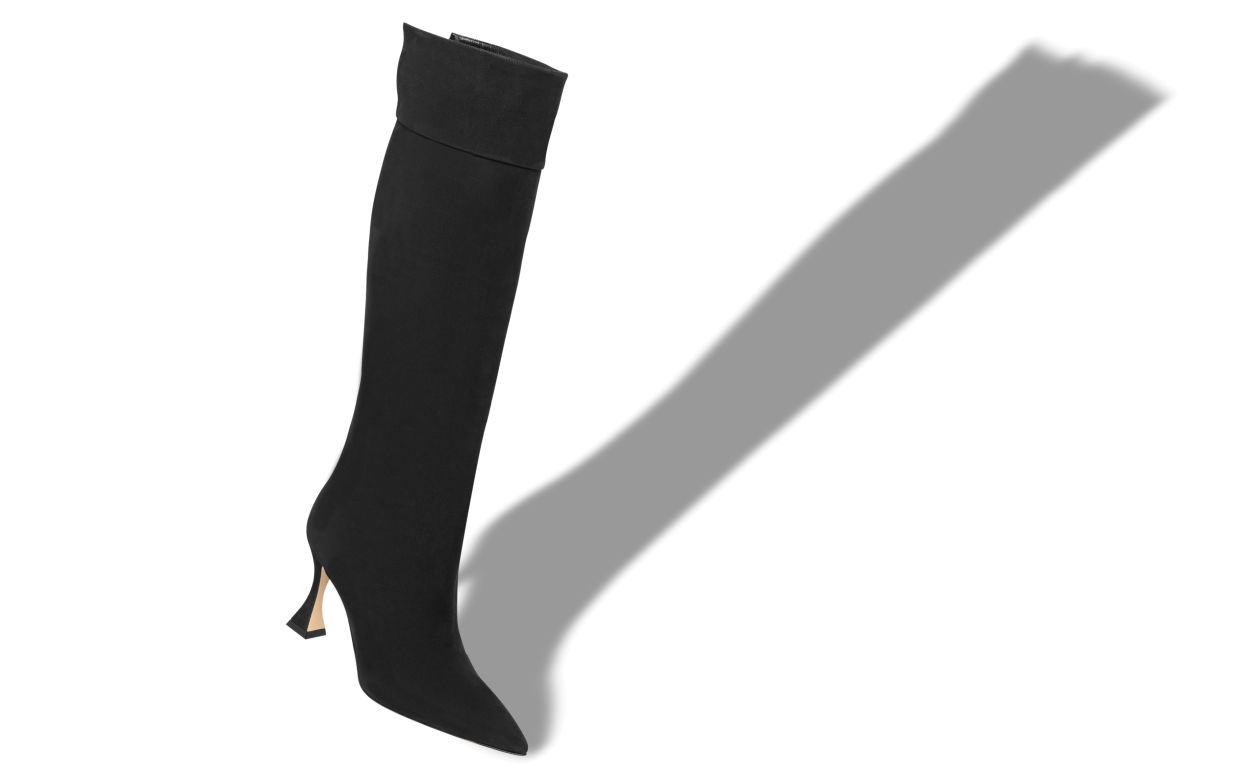 Lucienne Lace Black Pointed Toe Knee-High Boots – front three-quarter view showing black pointed toe, suede, SimmiUnique