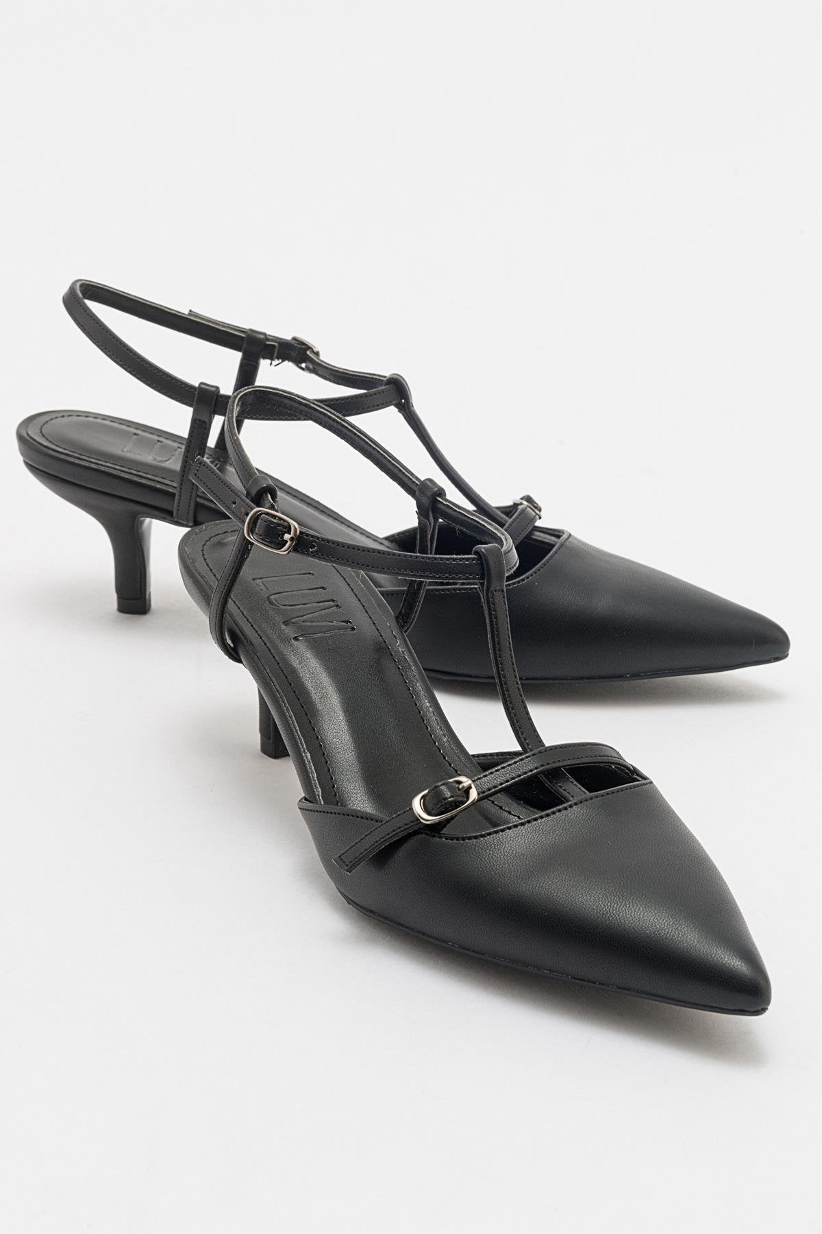 Frans - Black Pointed Toe Backless Low Heel Shoe – front three-quarter view showing leather, black, SimmiUnique