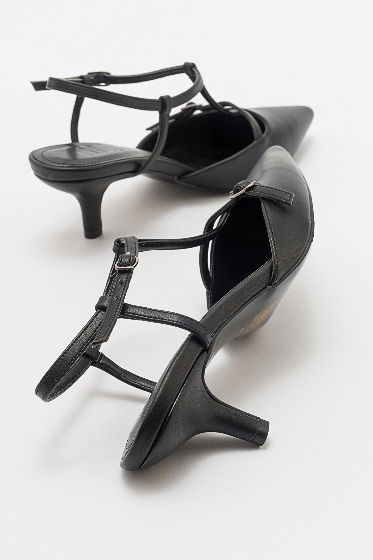 Frans - Black Pointed Toe Backless Low Heel Shoe – heel view showing leather, black, SimmiUnique