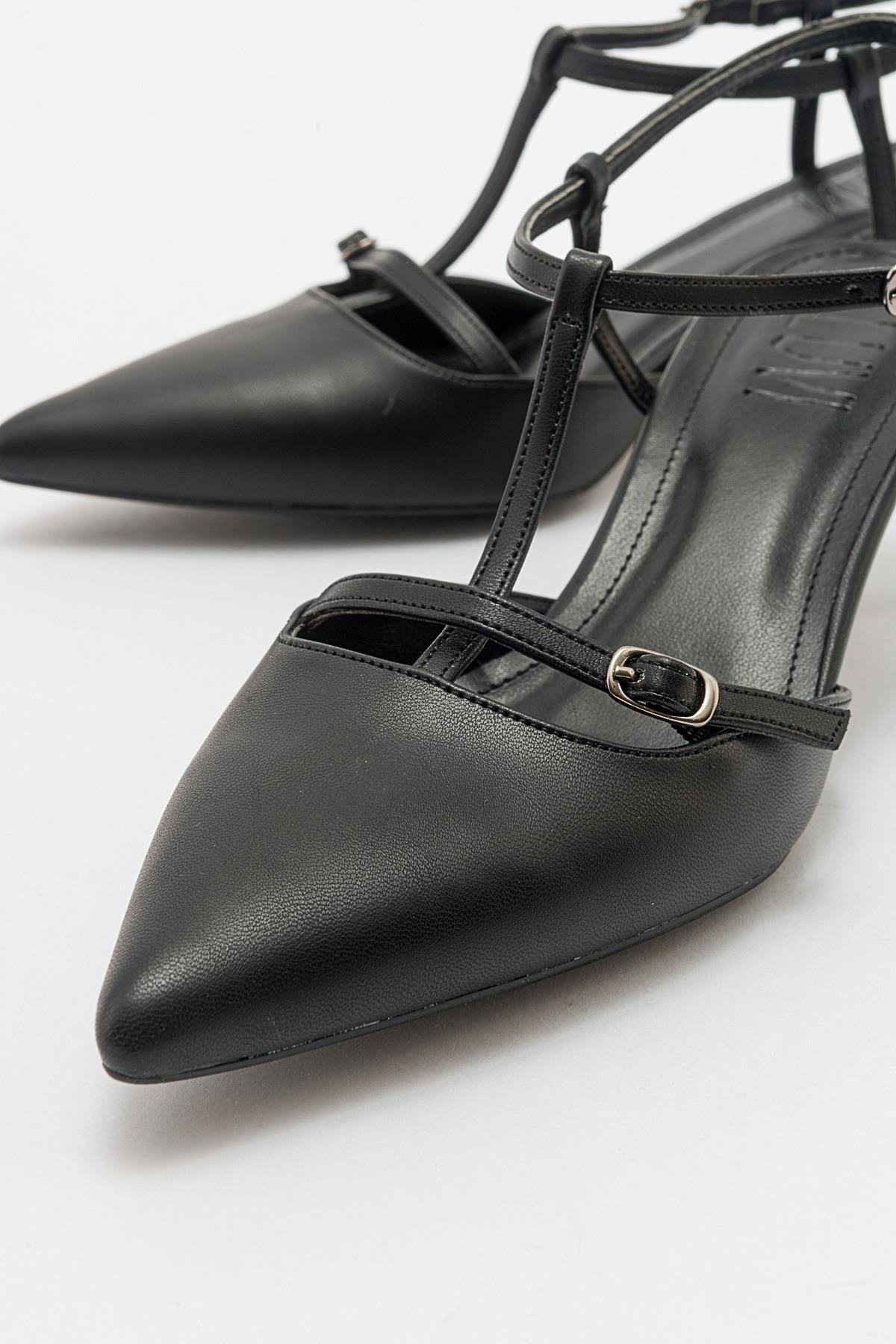 Frans - Black Pointed Toe Backless Low Heel Shoe – back view showing leather, black, SimmiUnique