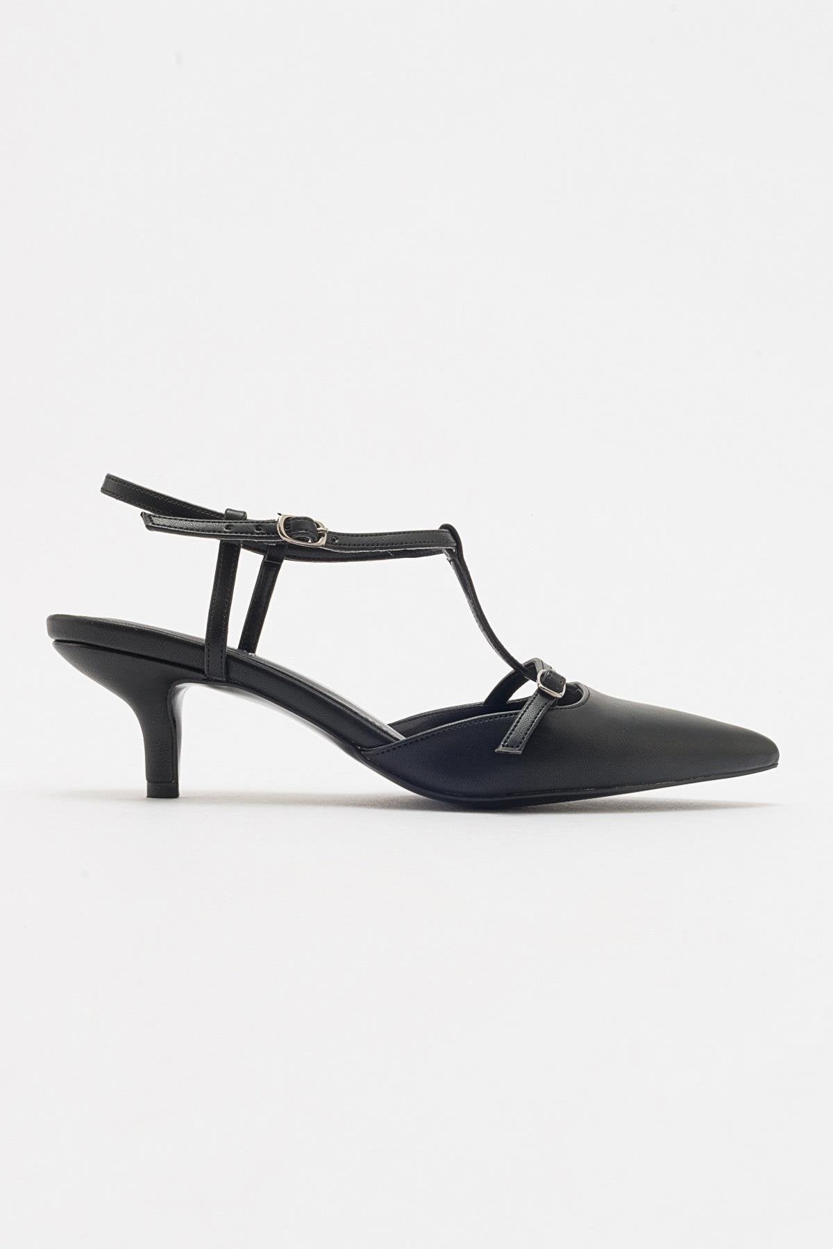 Frans - Black Pointed Toe Backless Low Heel Shoe – top view showing leather, black, SimmiUnique
