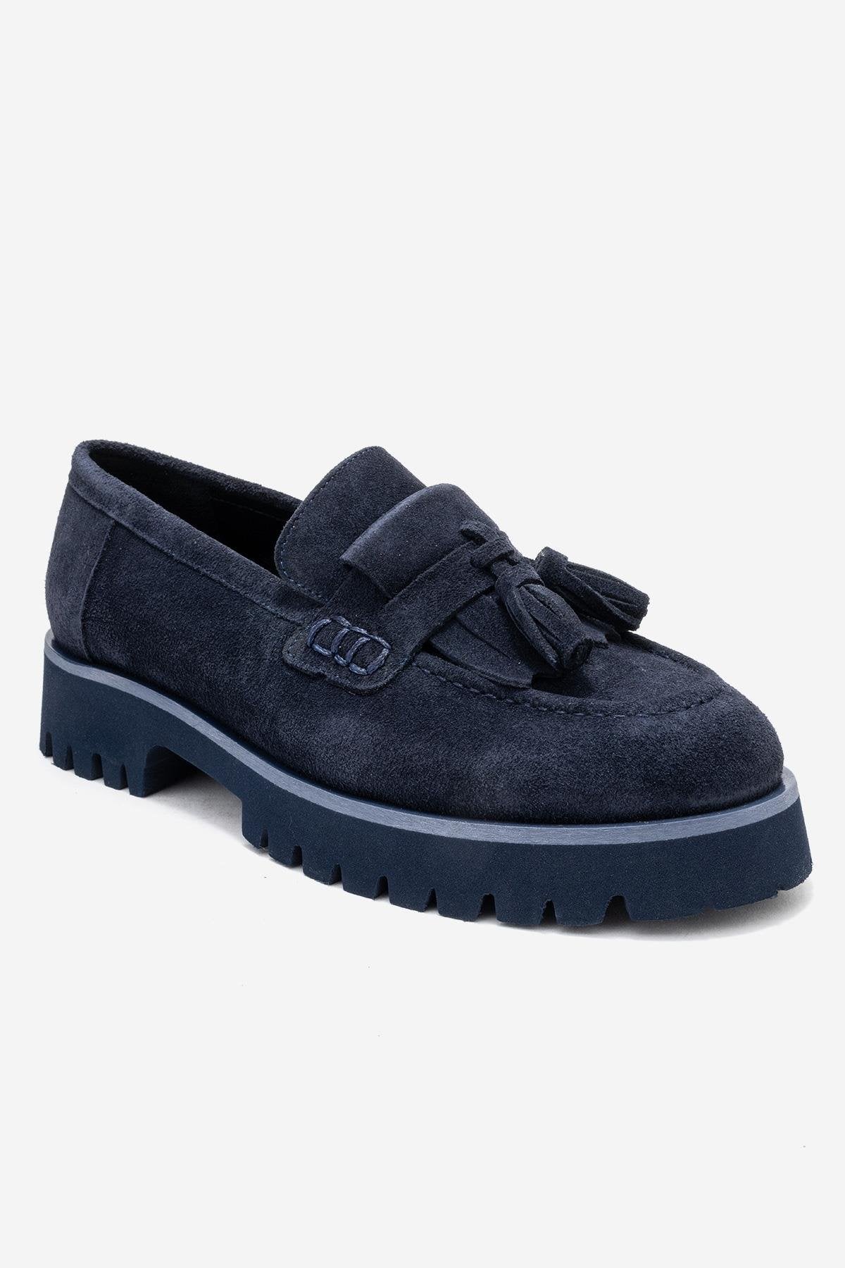 Poen - Navy Suede Genuine Leather Tassel Loafer – detail view showing leather, suede, SimmiUnique
