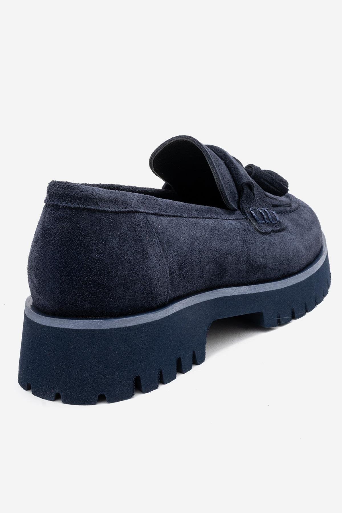 Poen - Navy Suede Genuine Leather Tassel Loafer – back view showing leather, suede, SimmiUnique