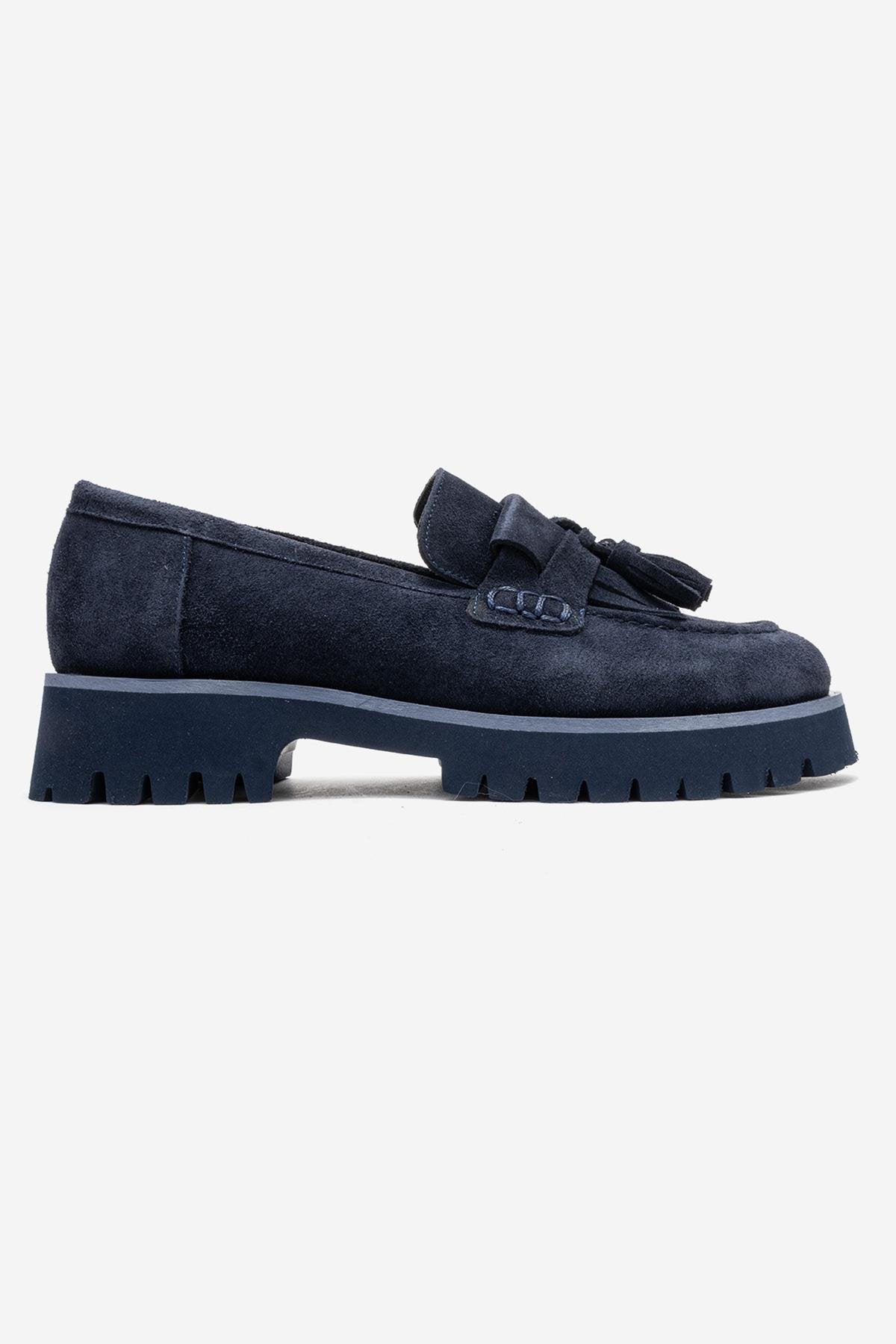 Poen - Navy Suede Genuine Leather Tassel Loafer – top view showing leather, suede, SimmiUnique
