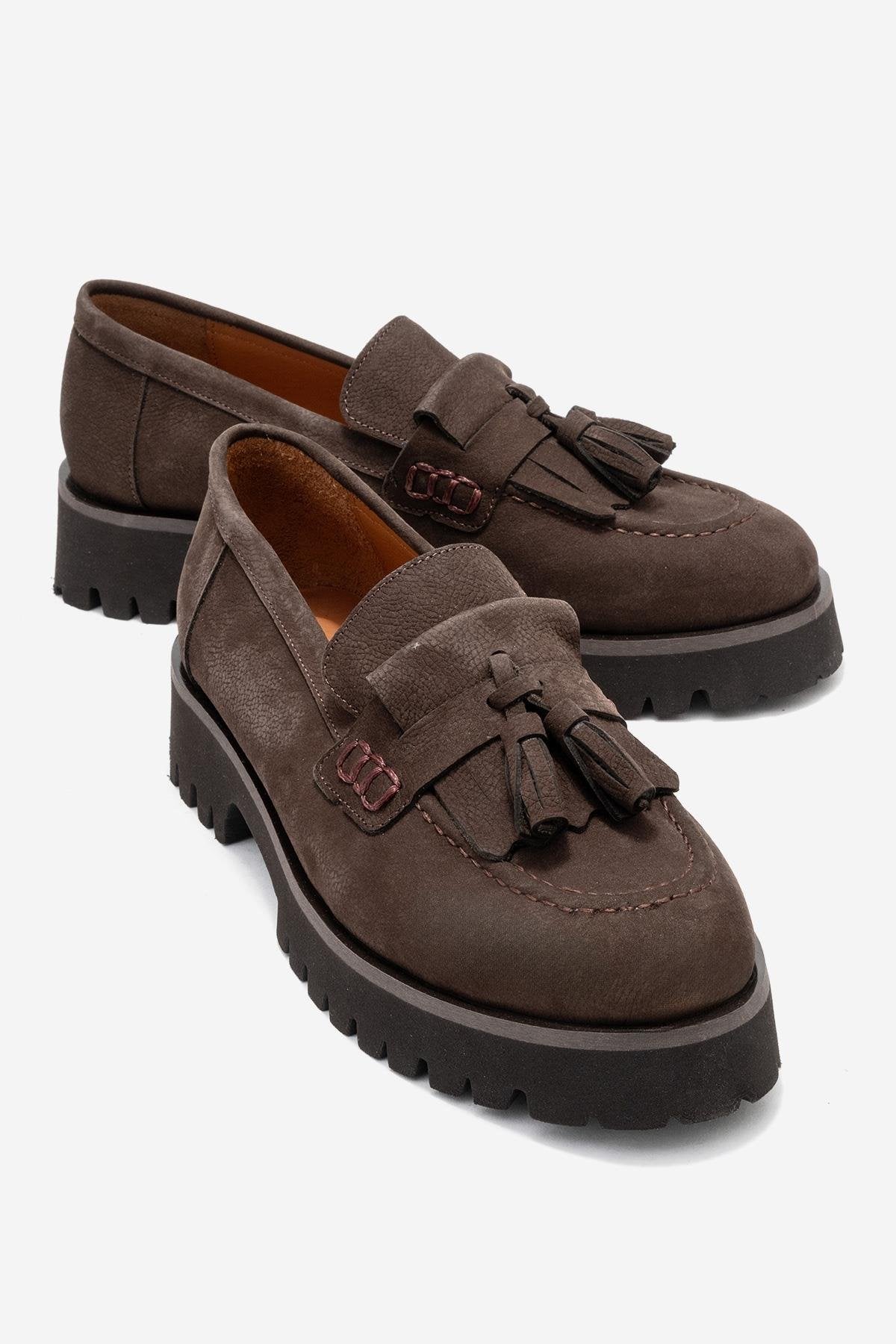 Poen - Brown Nubuck Genuine Leather Tassel Loafer – front three-quarter view showing leather, SimmiUnique