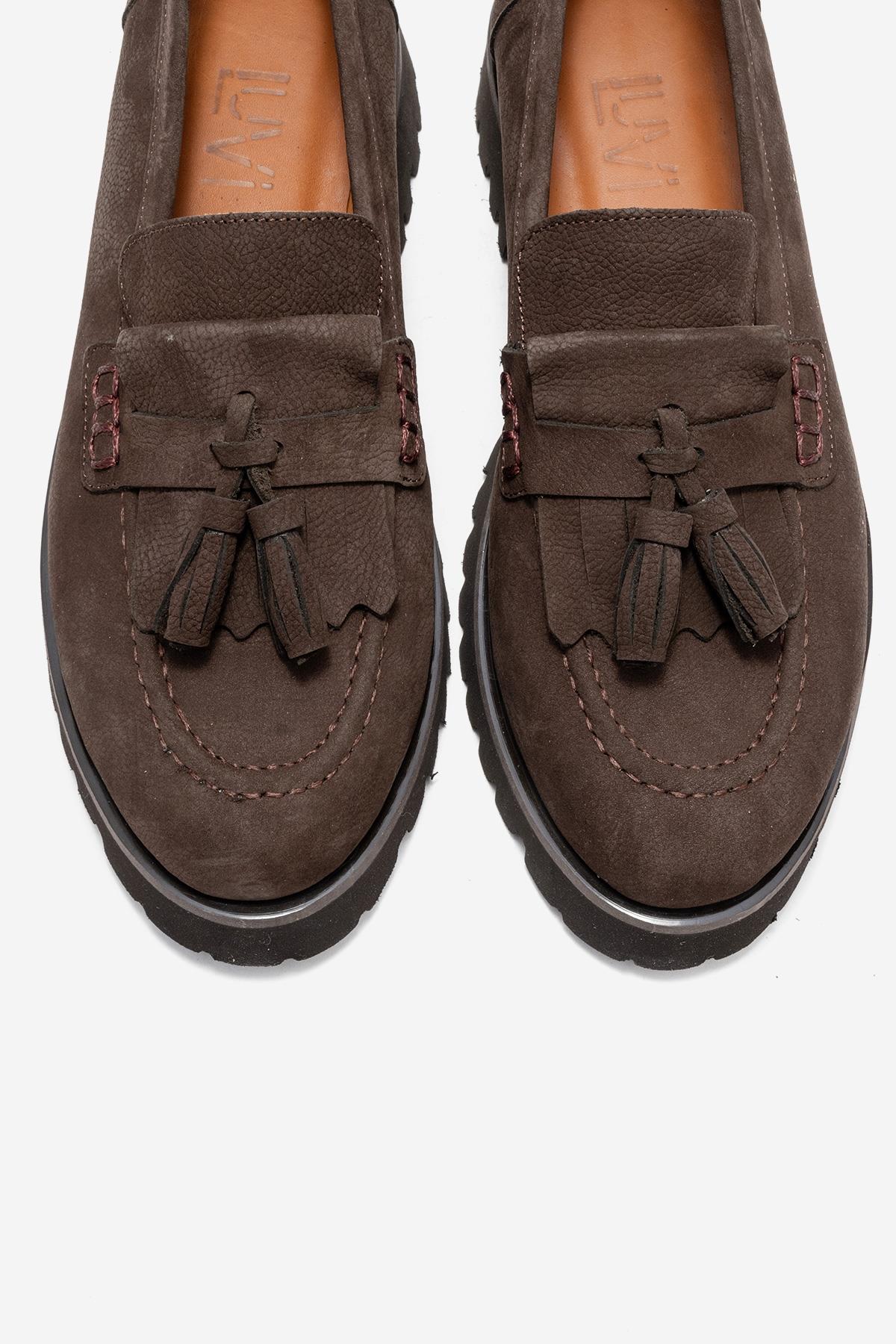 Poen - Brown Nubuck Genuine Leather Tassel Loafer – side view showing leather, SimmiUnique