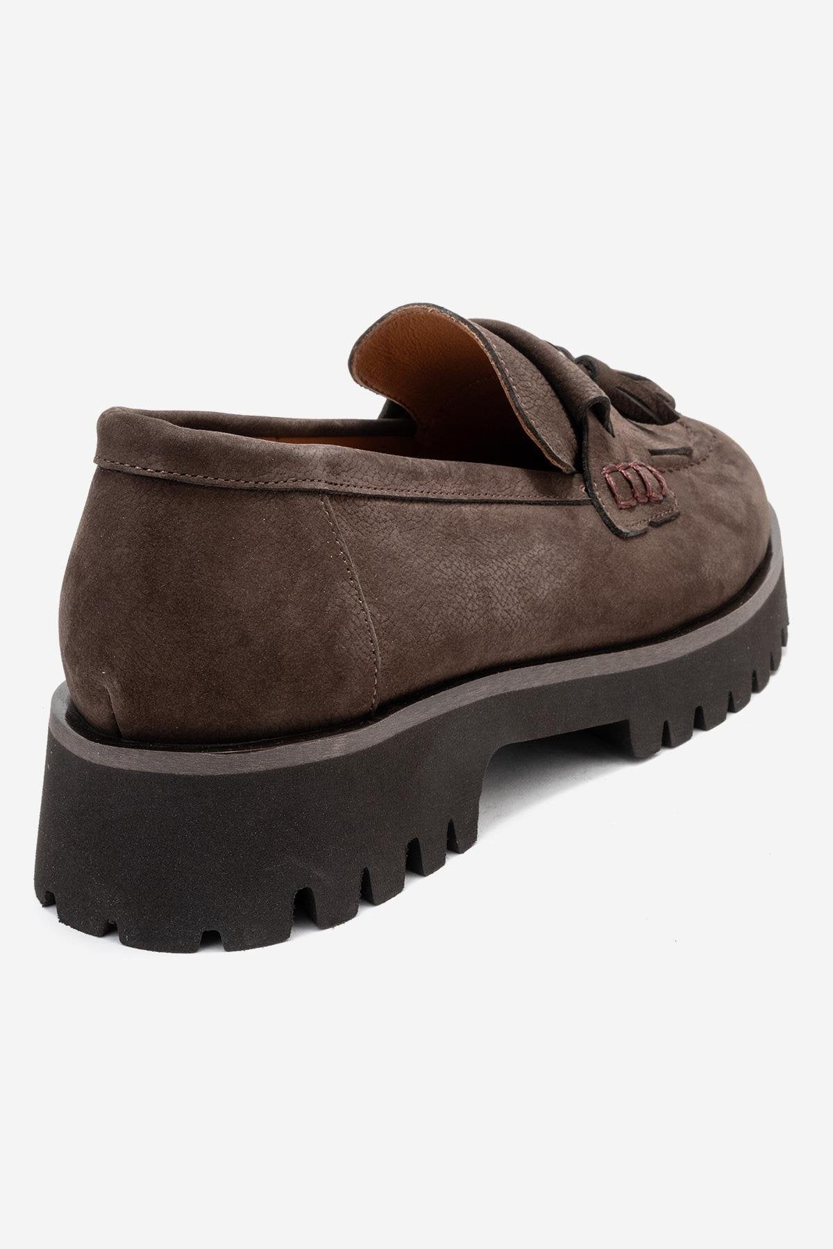 Poen - Brown Nubuck Genuine Leather Tassel Loafer – back view showing leather, SimmiUnique