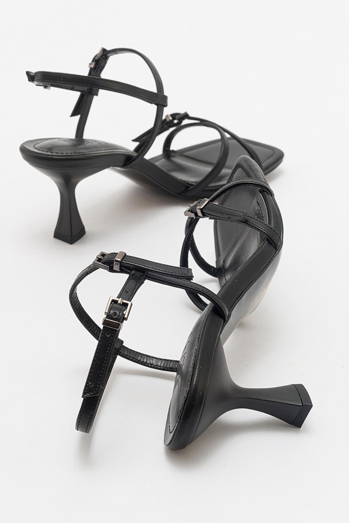 Nebel - Black Heeled Sandal – side view showing leather, black, SimmiUnique