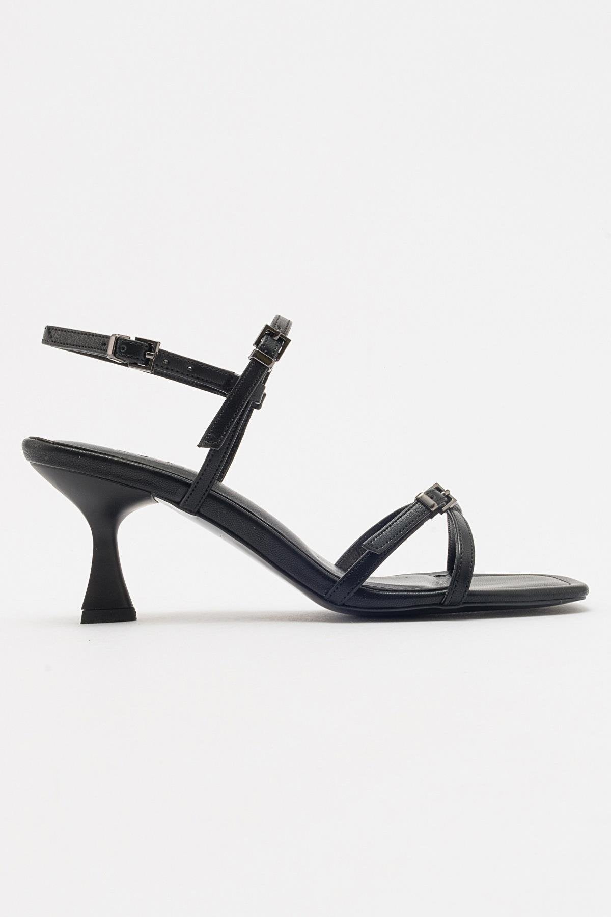 Nebel - Black Heeled Sandal – top view showing leather, black, SimmiUnique