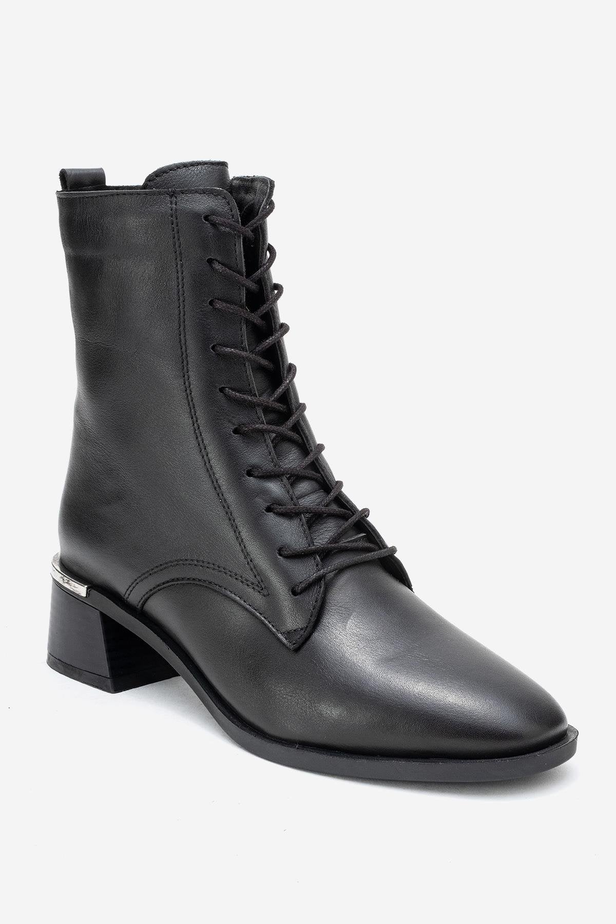 Avia - Black Genuine Leather Block Heel Boot – detail view showing leather, black, SimmiUnique