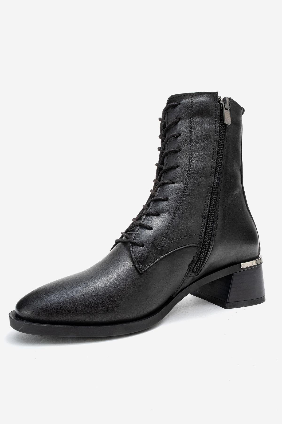 Avia - Black Genuine Leather Block Heel Boot – heel view showing leather, black, SimmiUnique