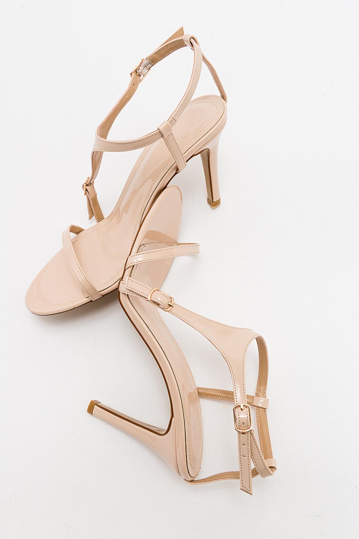 Molde - Beige Patent Stiletto Heel Shoe – back view showing leather, SimmiUnique
