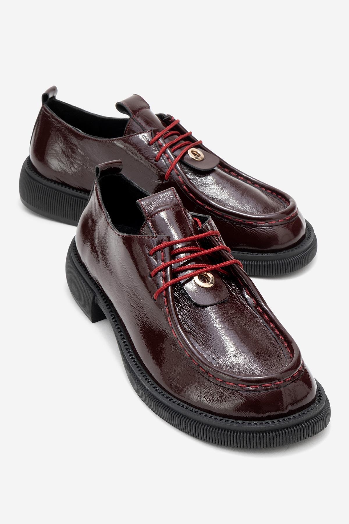 Band - Burgundy Crinkled Patent Genuine Leather Lace-Up Loafer – front three-quarter view showing lace, leather, SimmiUnique