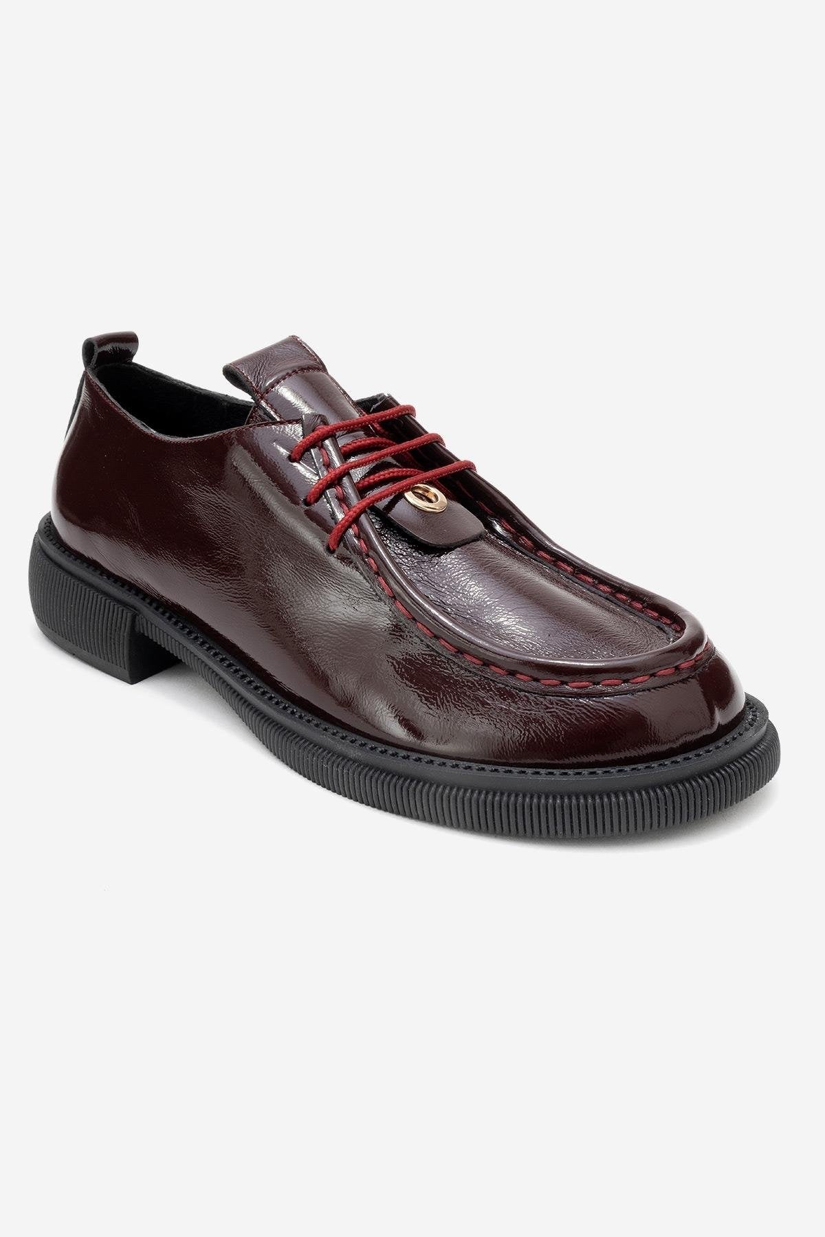 Band - Burgundy Crinkled Patent Genuine Leather Lace-Up Loafer – detail view showing lace, leather, SimmiUnique