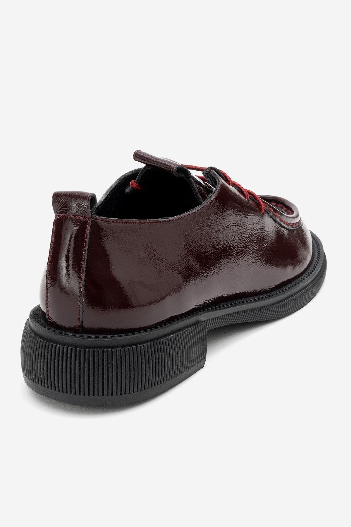 Band - Burgundy Crinkled Patent Genuine Leather Lace-Up Loafer – back view showing lace, leather, SimmiUnique