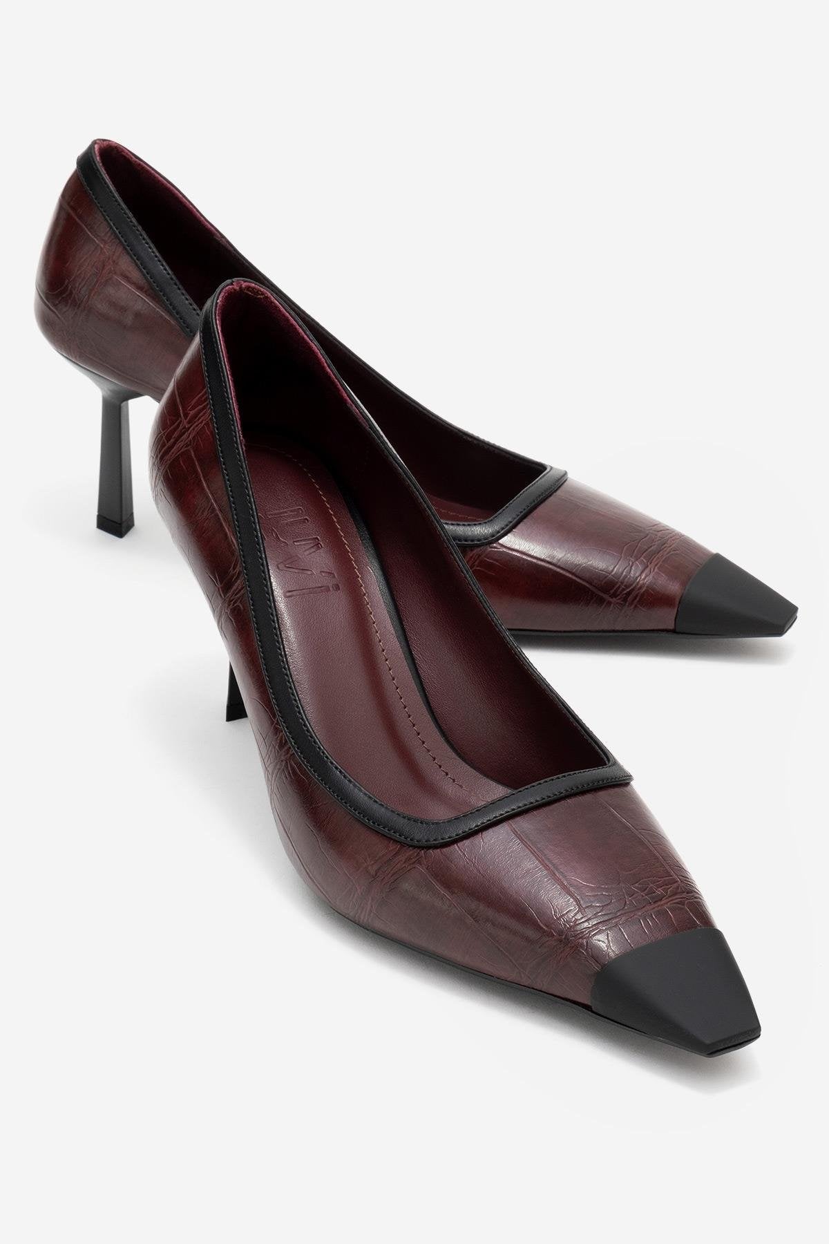 Rona - Burgundy Printed Matte Toe Heeled Shoe – front three-quarter view showing leather, SimmiUnique