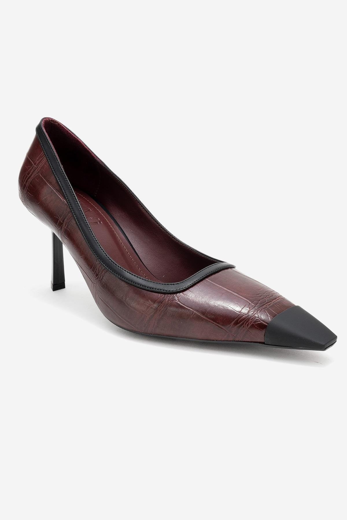 Rona - Burgundy Printed Matte Toe Heeled Shoe – detail view showing leather, SimmiUnique