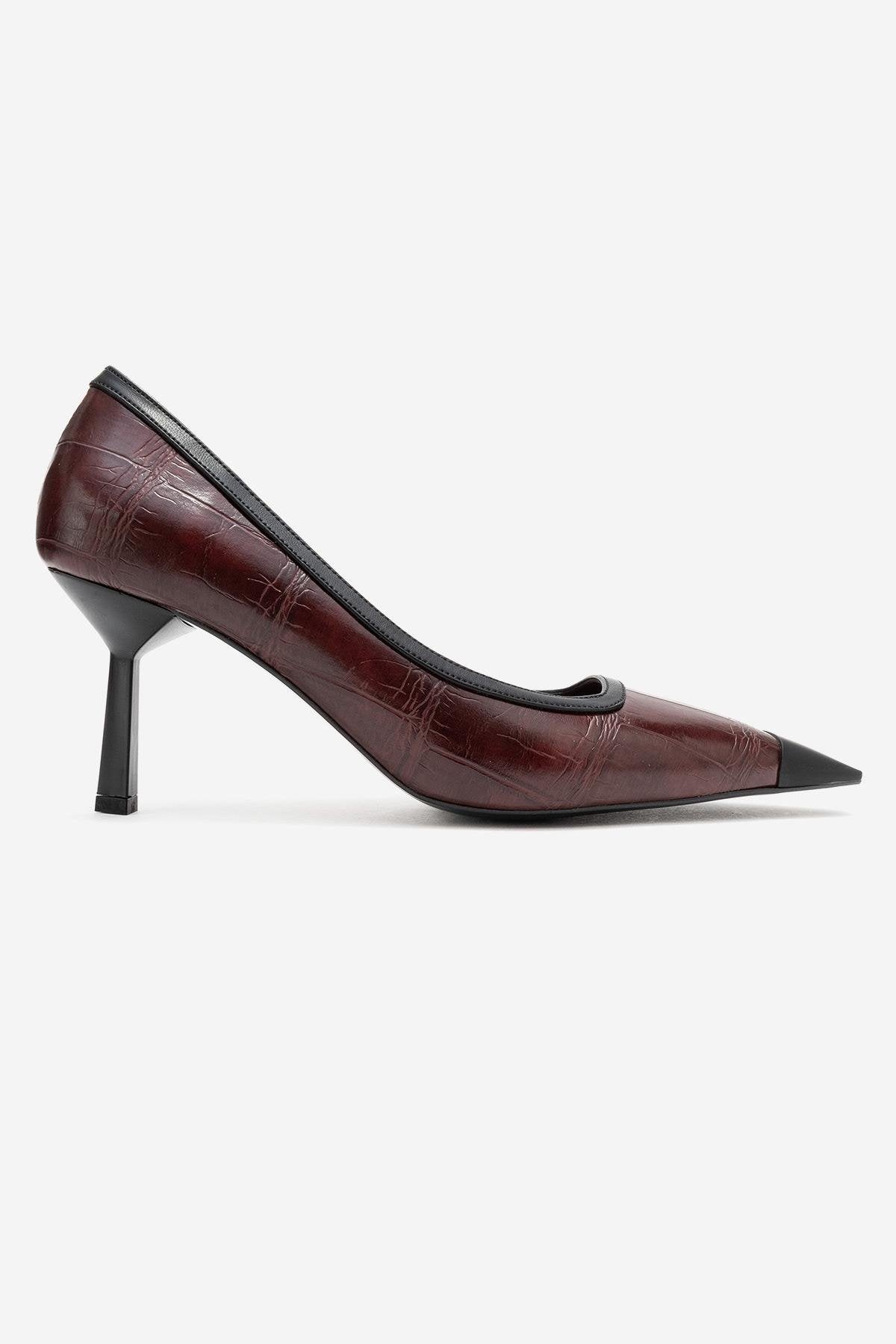Rona - Burgundy Printed Matte Toe Heeled Shoe – top view showing leather, SimmiUnique